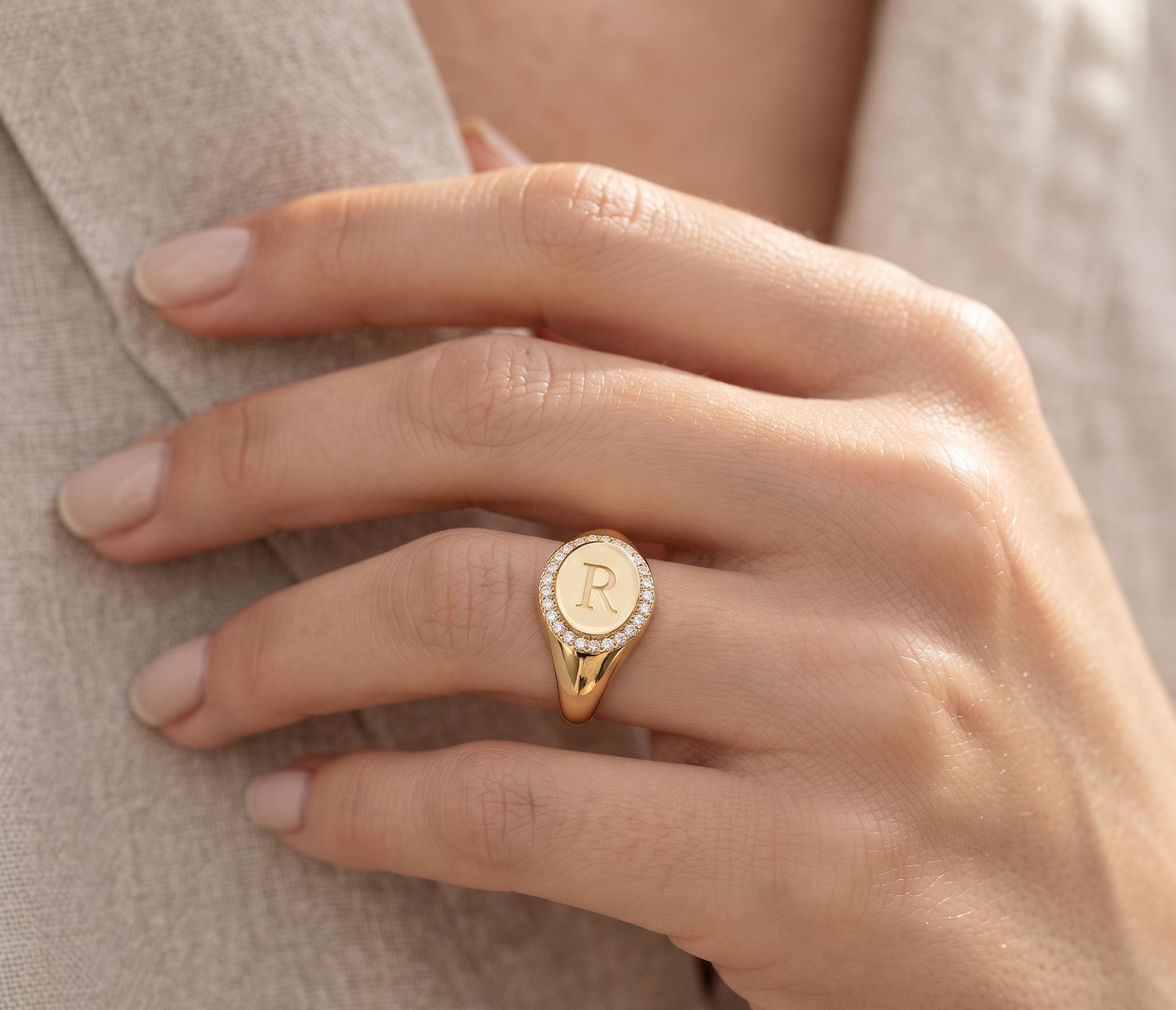 Personalized Oval Signet Ring, Engraved Monogram Crystal Border, Gold Plated Sterling Silver