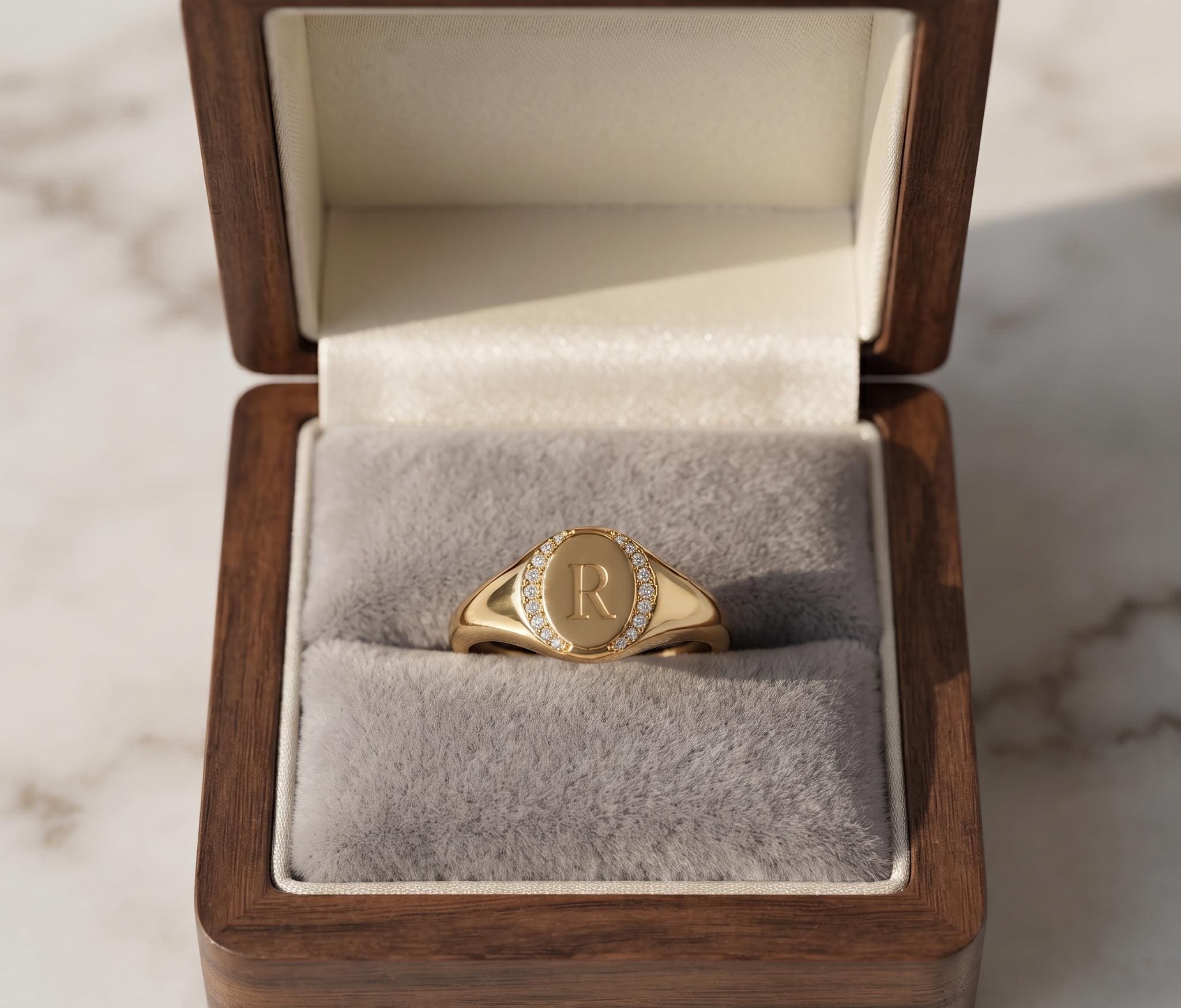 Personalized Oval Signet Ring, Engraved Monogram Crystal Border, Gold Plated Sterling Silver
