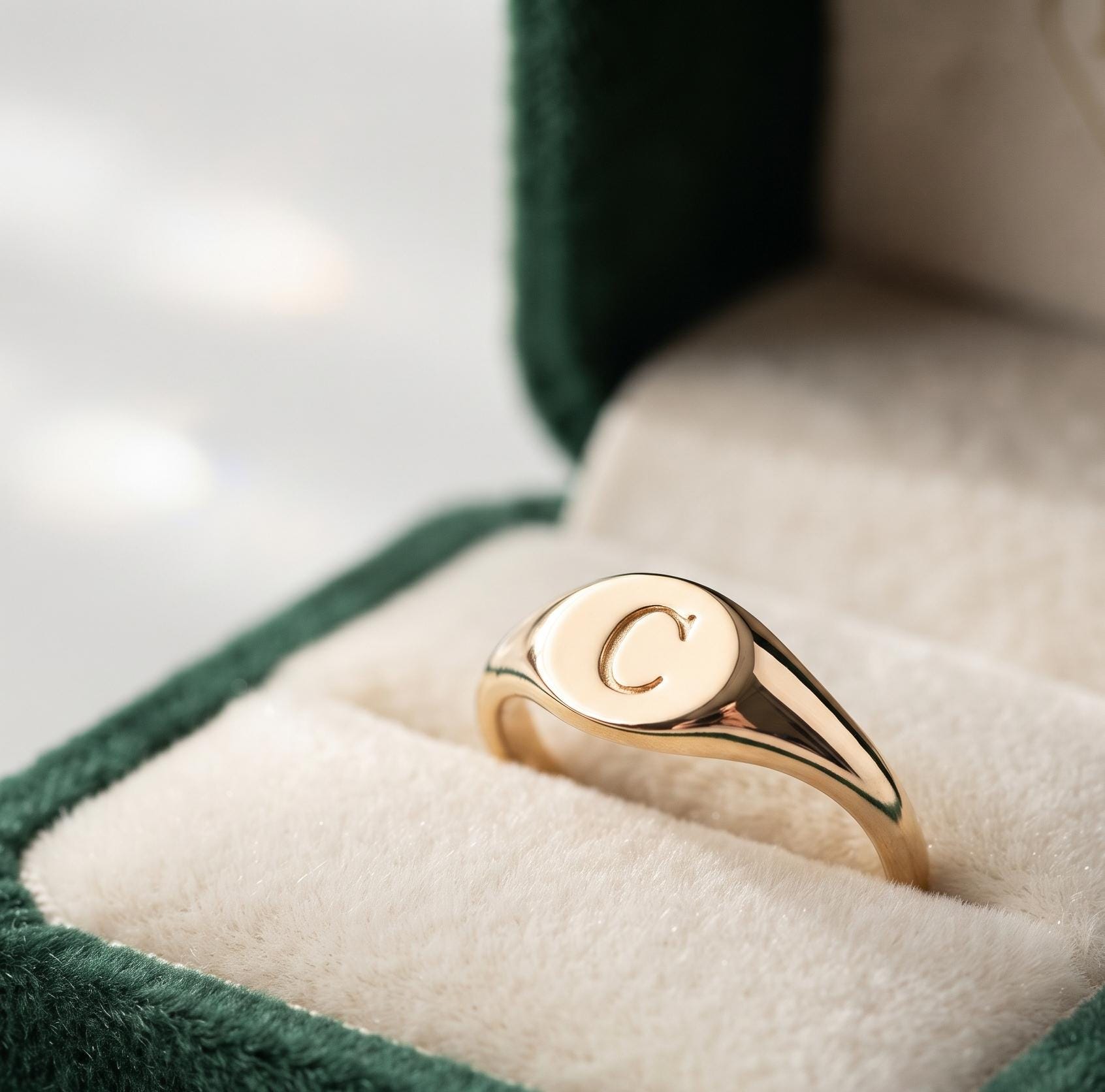 Gold Oval Signet Ring, Minimalist Monogram Initial C Ring, Dainty Pinky Jewelry