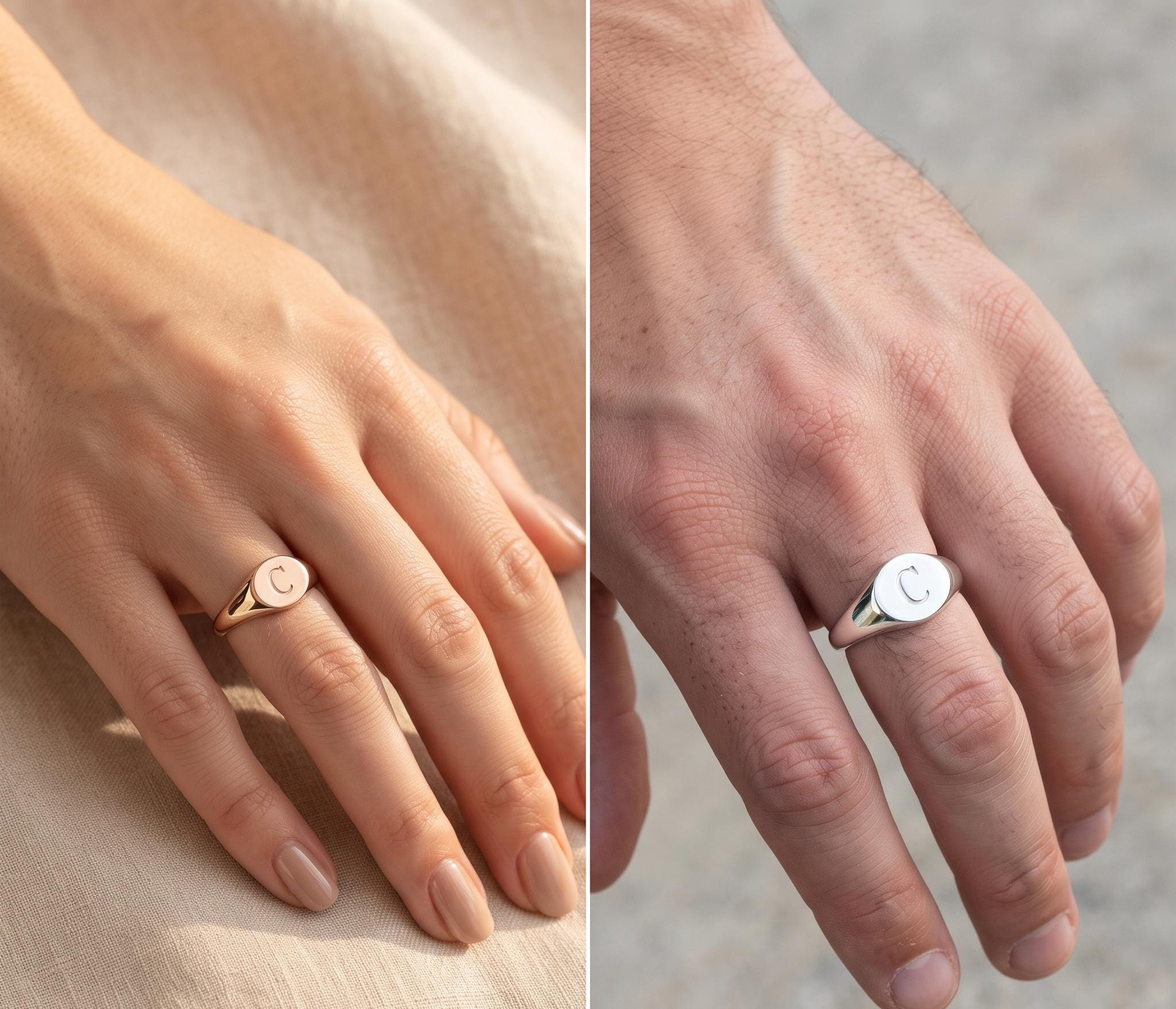 Gold Oval Signet Ring, Minimalist Monogram Initial C Ring, Dainty Pinky Jewelry