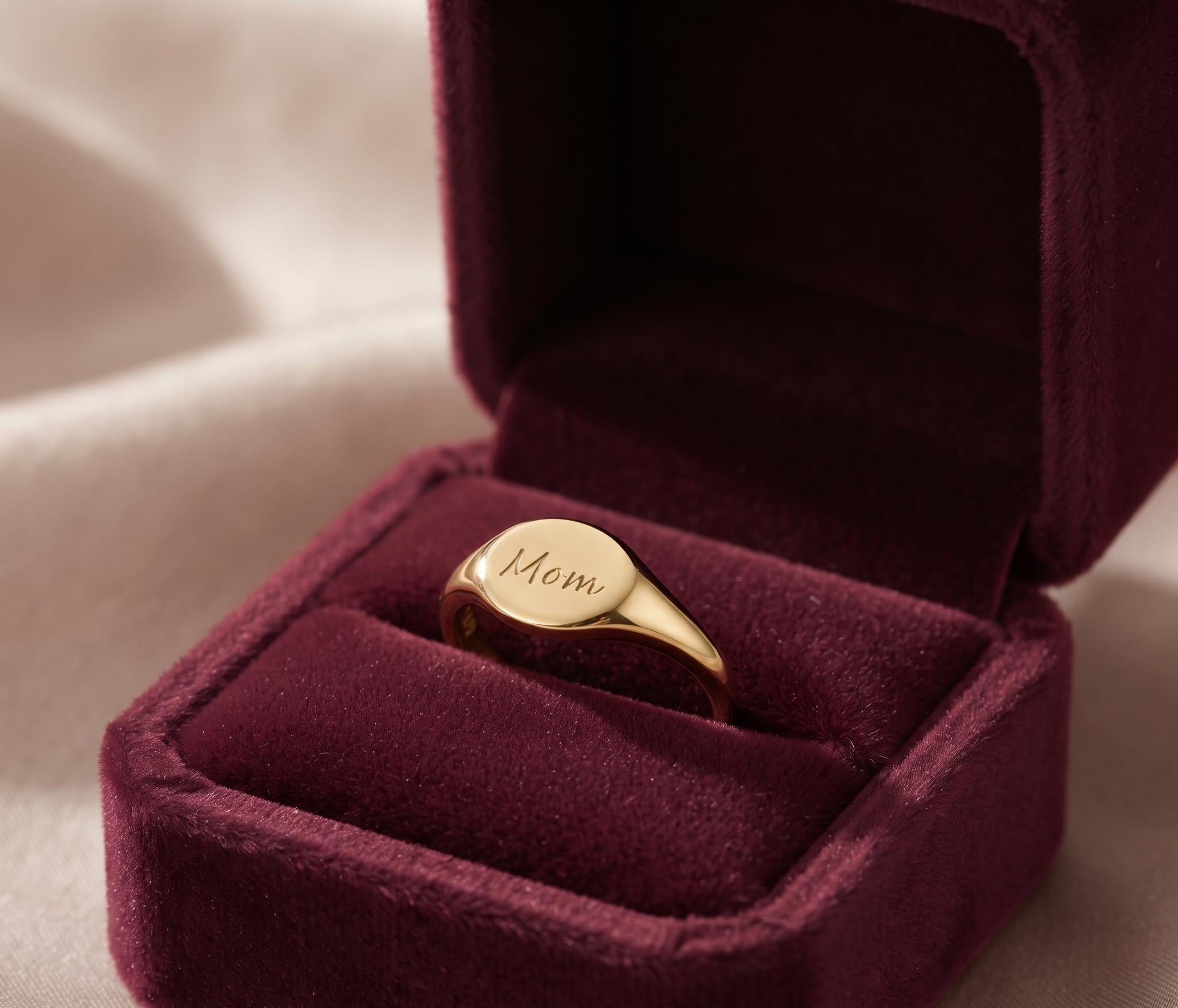 Gold Plated Mom Signet Ring, Engraved Cursive Name Jewelry