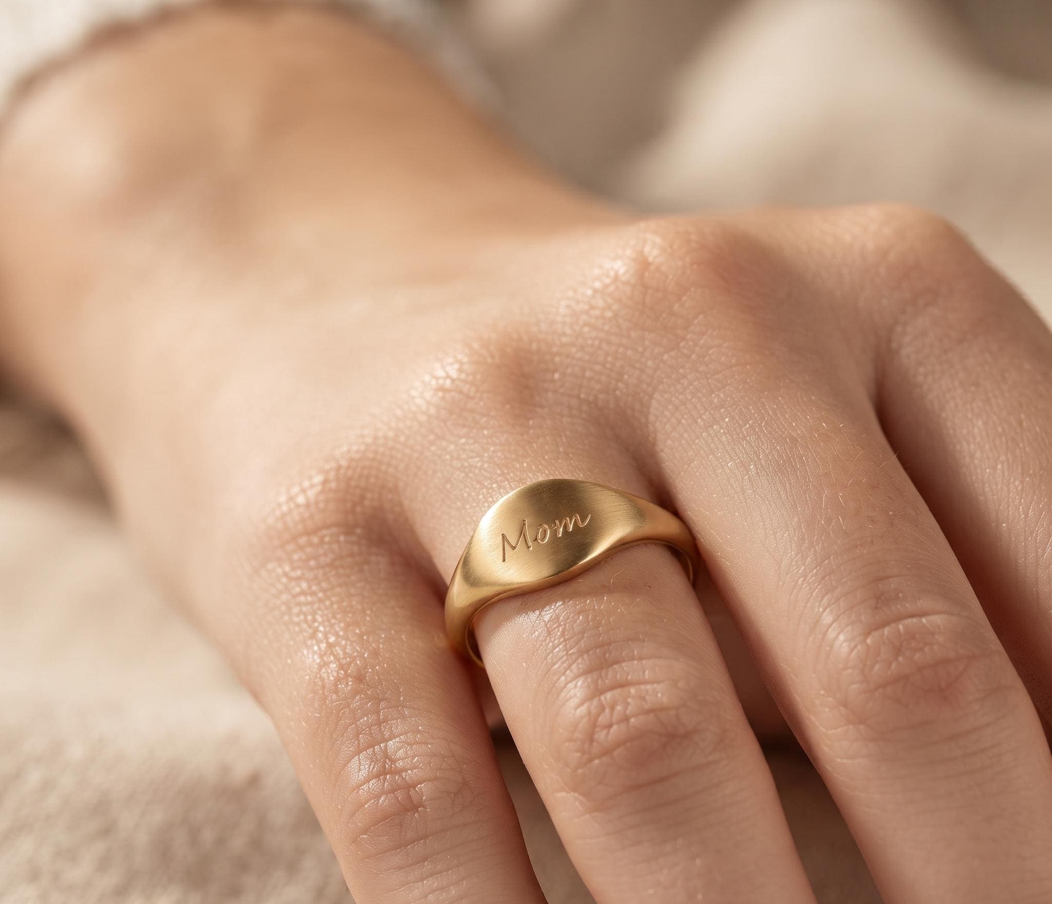 Gold Plated Mom Signet Ring, Engraved Cursive Name Jewelry