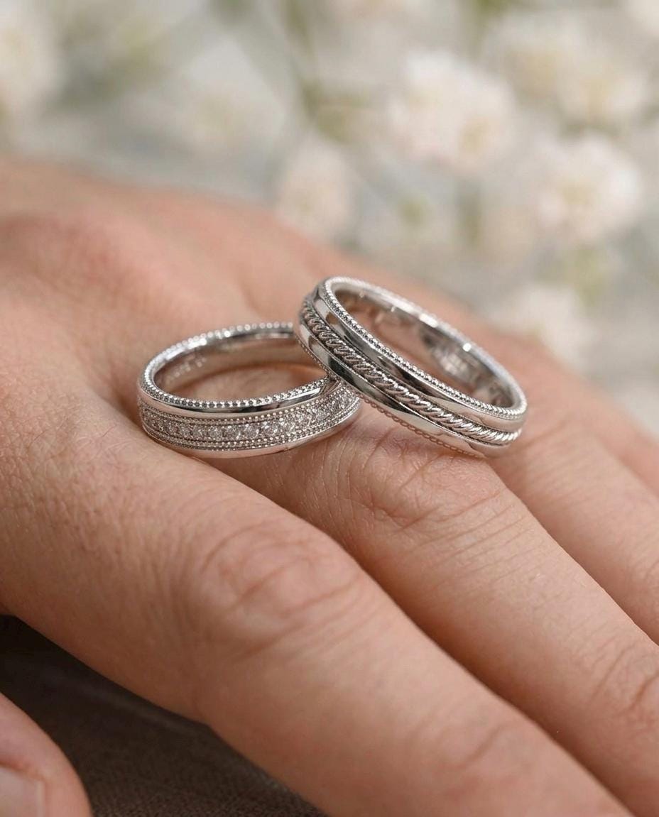 Vintage Milgrain Wedding Band Set, Sterling Silver Rope Braid Rings (Set of 3)