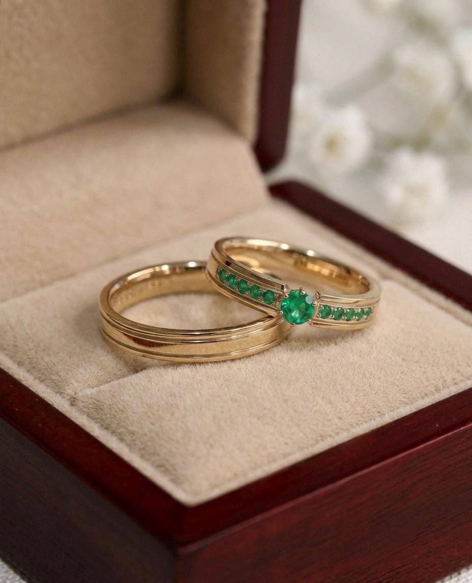 Matching Emerald Wedding Bands, Gold Channel Set Couples Rings, 925 Sterling Silver Grooved Set