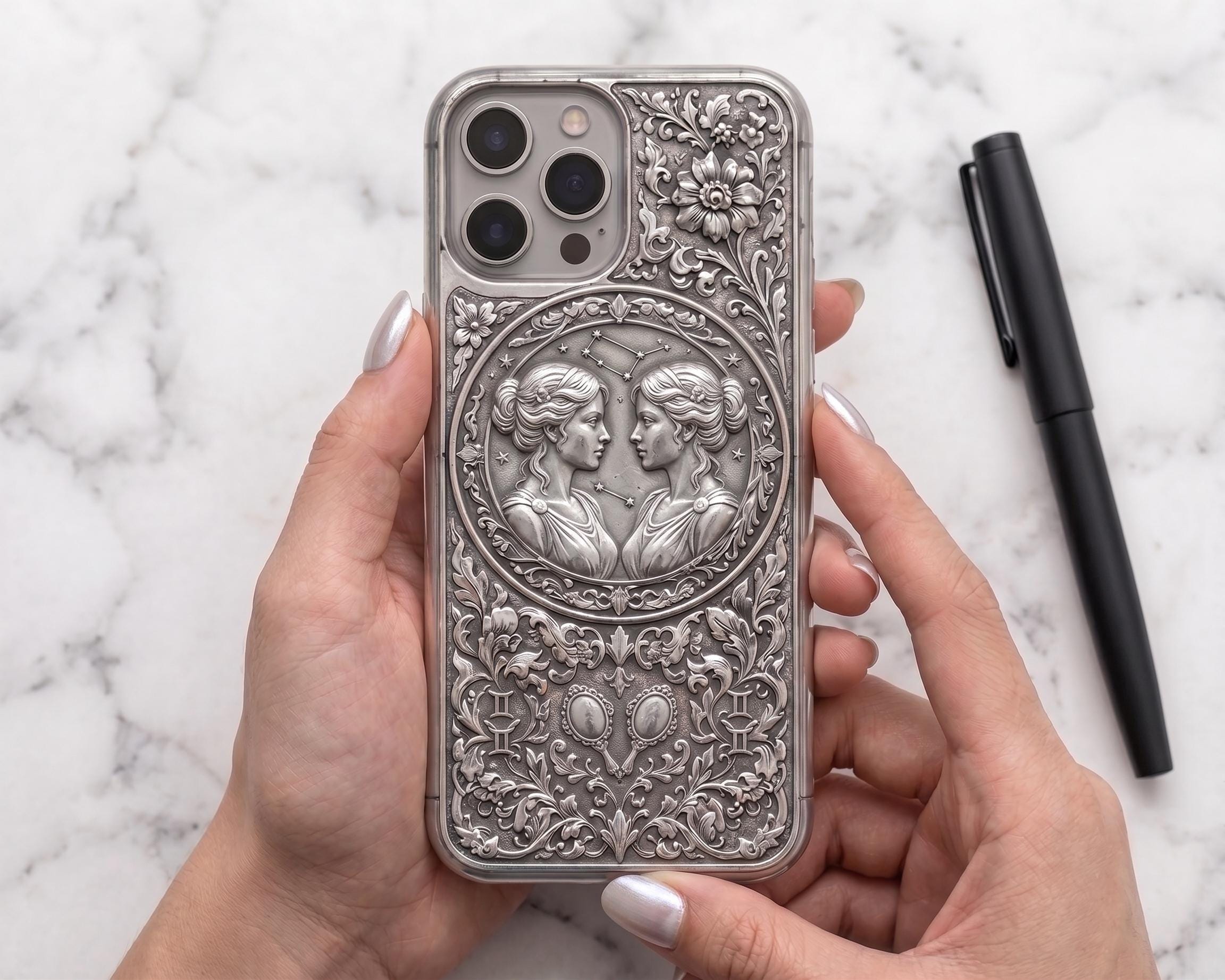 Aries Ram Engraved iPhone Case | Sterling Silver Embossed Astrology Cover
