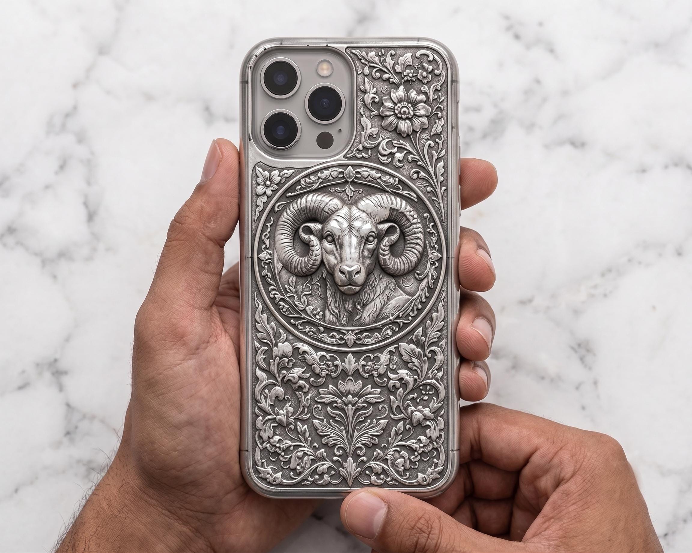Aries Ram Engraved iPhone Case | Sterling Silver Embossed Astrology Cover