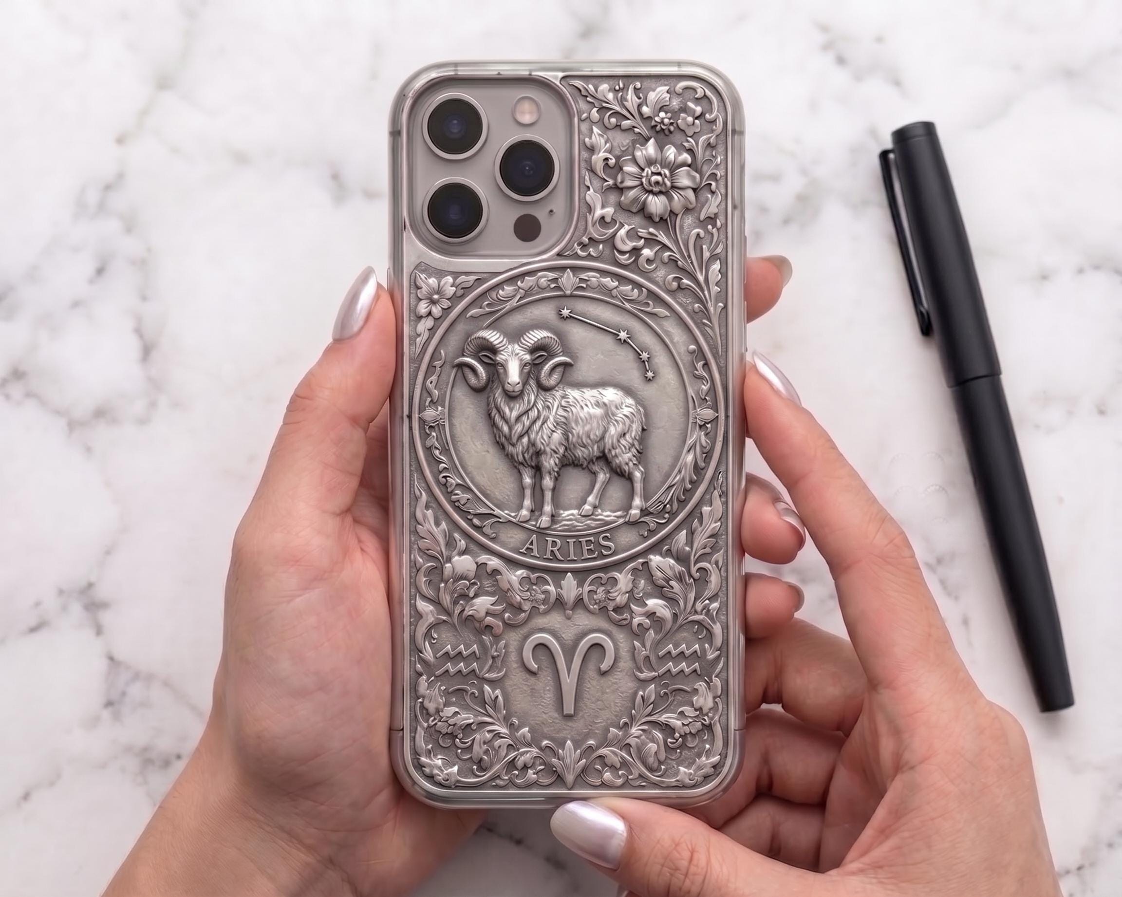 Aries Ram Engraved iPhone Case | Sterling Silver Embossed Astrology Cover