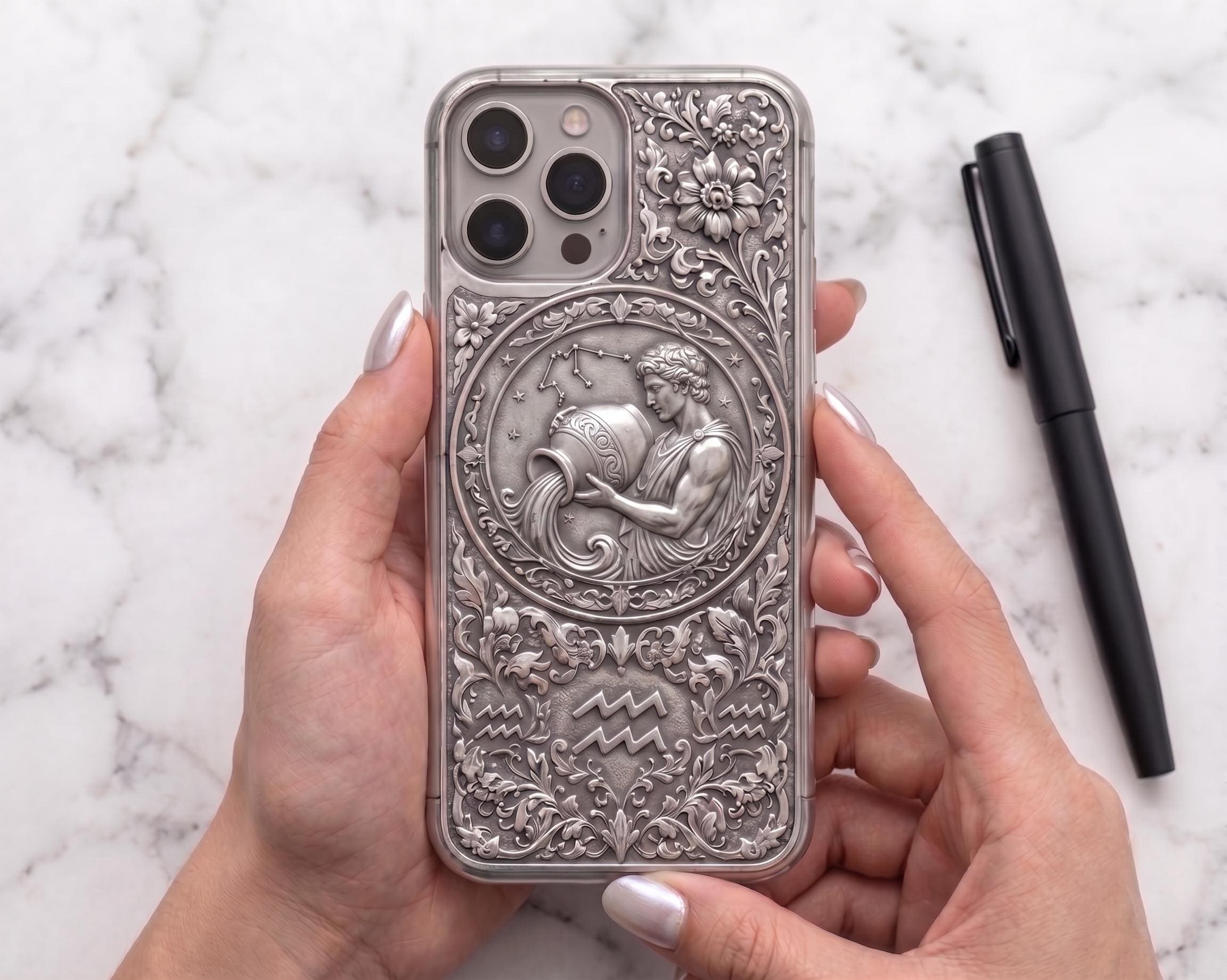 Aries Ram Engraved iPhone Case | Sterling Silver Embossed Astrology Cover