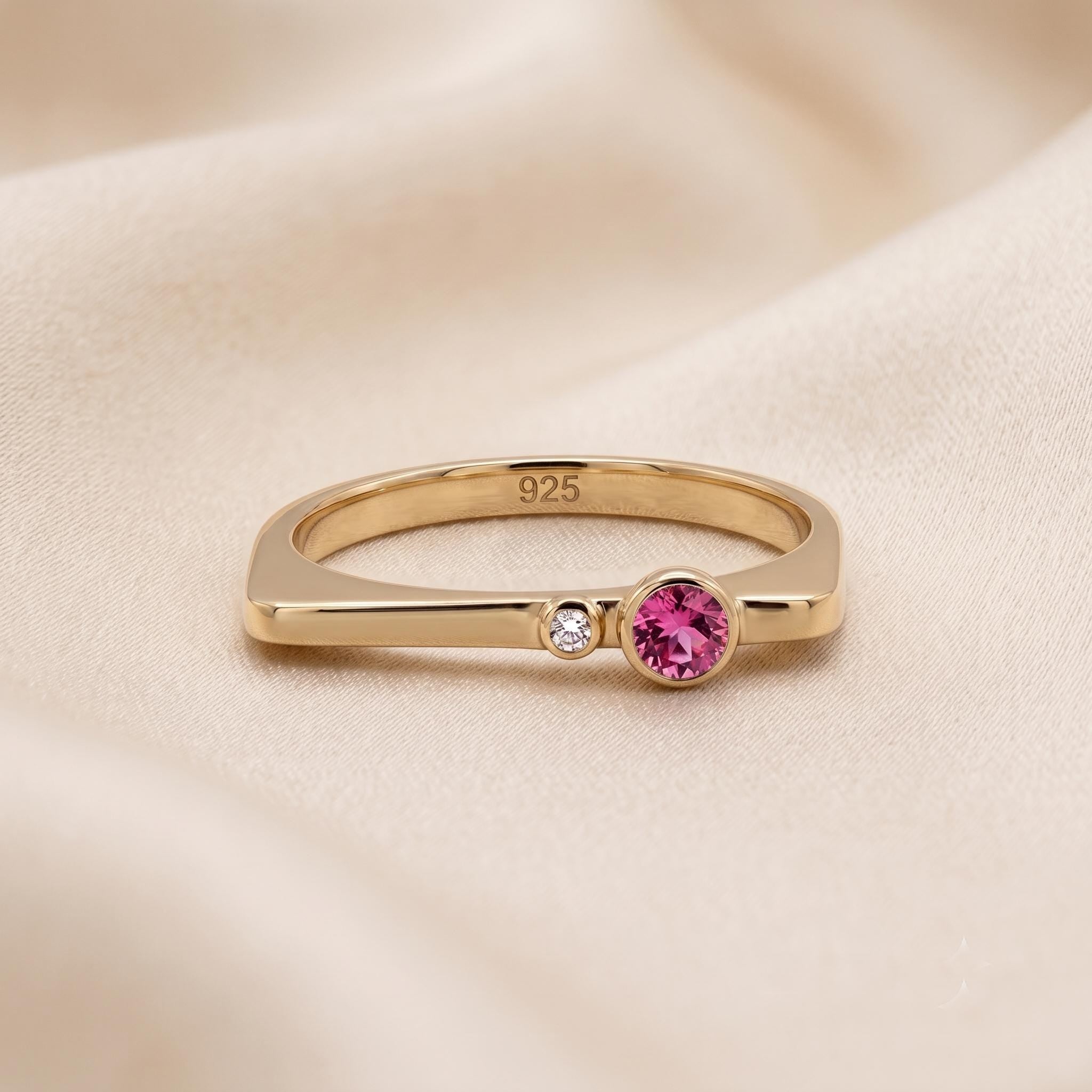 Modern Asymmetrical Bezel-Set Pink Stone Ring in Gold-Plated Sterling Silver
