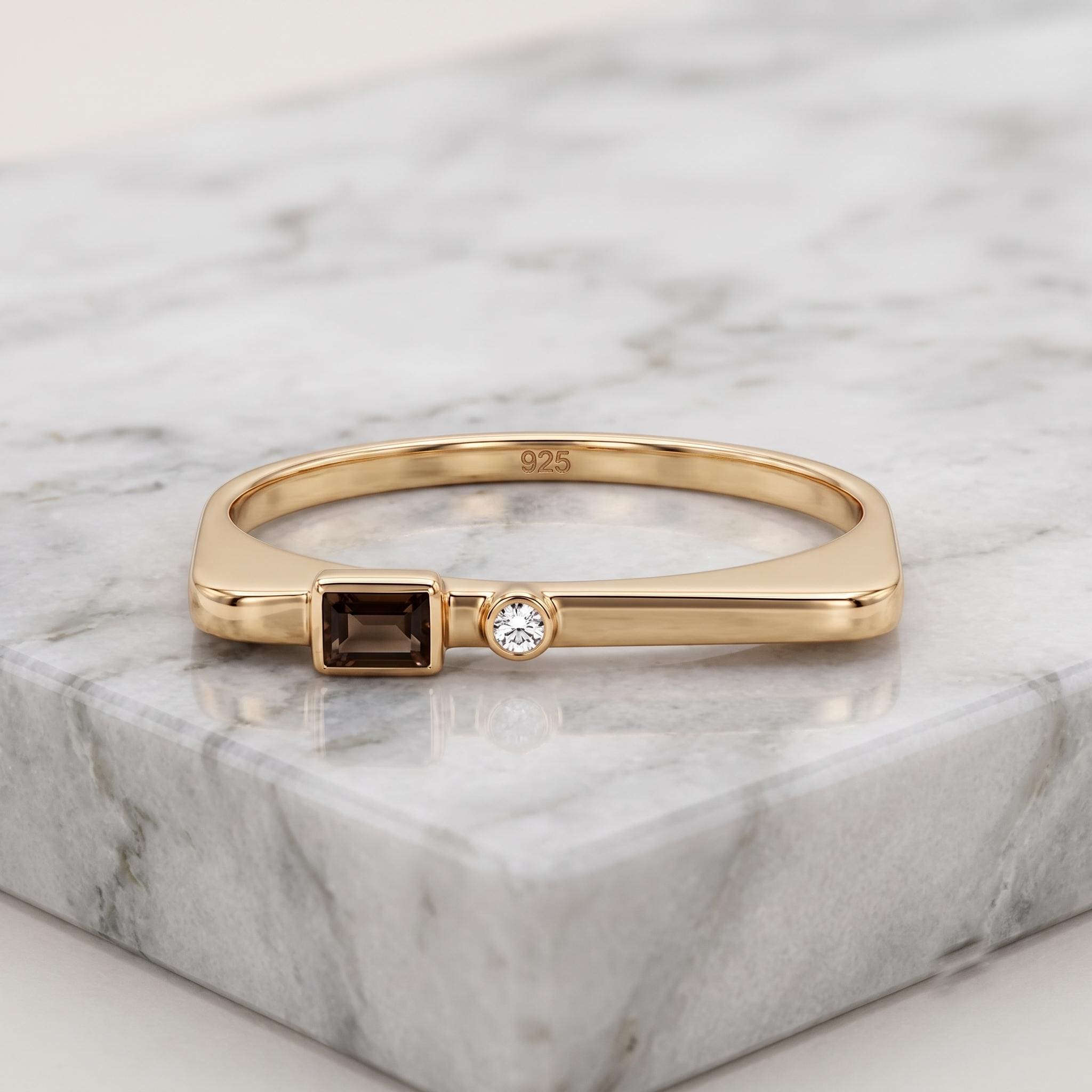 Baguette Smoky Quartz Round Clear Stone Ring, 925 Sterling Silver Gold Plated Stacking Ring
