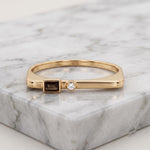 Baguette Smoky Quartz Round Clear Stone Ring, 925 Sterling Silver Gold Plated Stacking Ring
