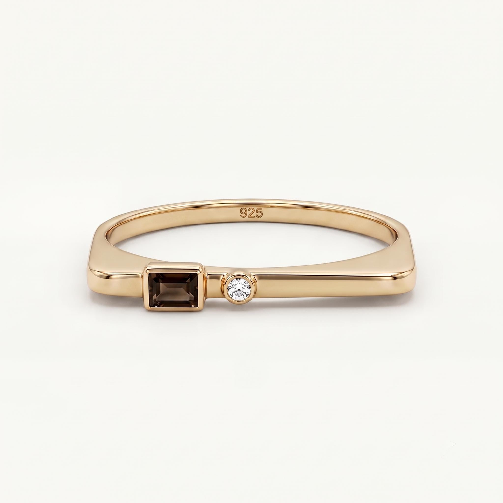 Baguette Smoky Quartz Round Clear Stone Ring, 925 Sterling Silver Gold Plated Stacking Ring