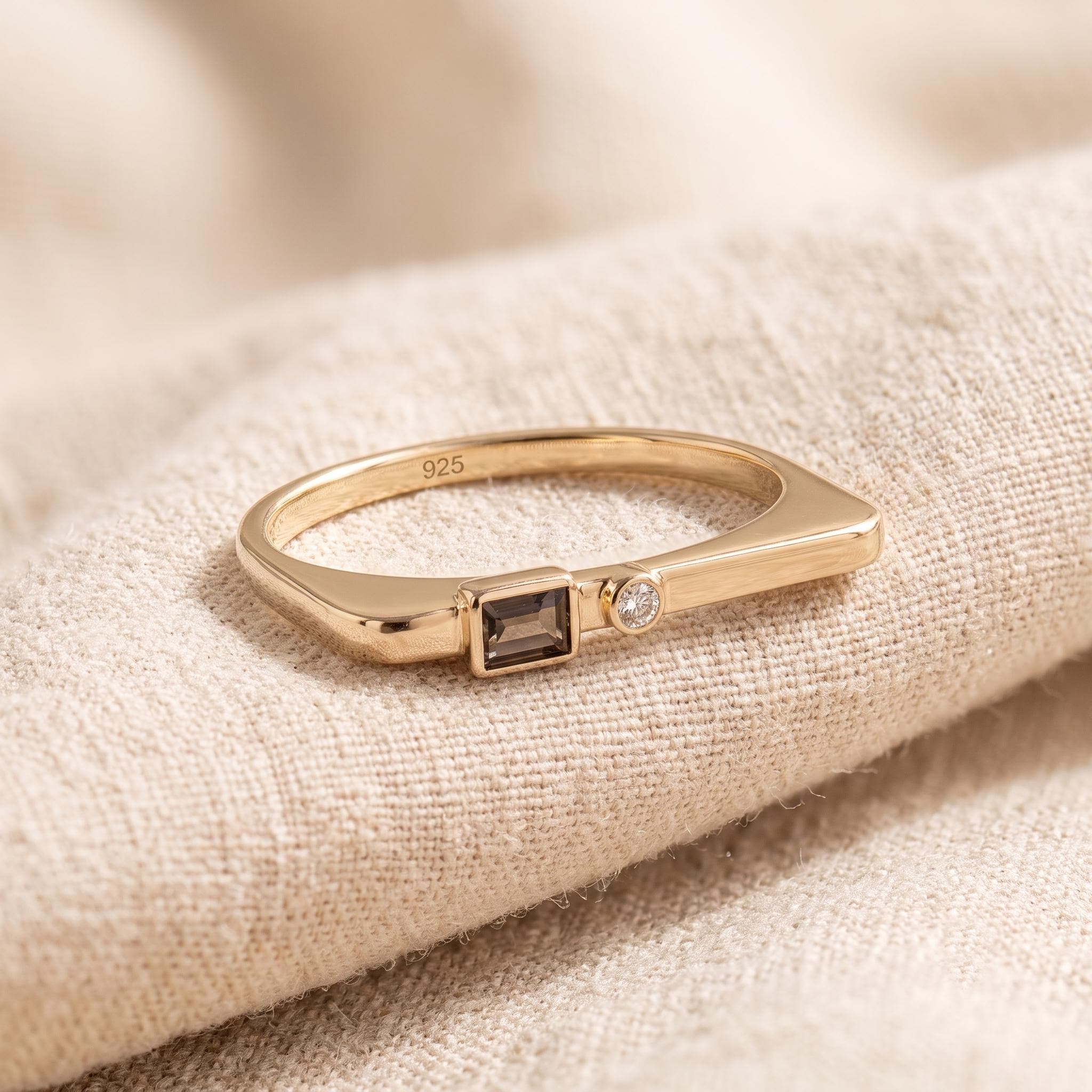 Baguette Smoky Quartz Round Clear Stone Ring, 925 Sterling Silver Gold Plated Stacking Ring