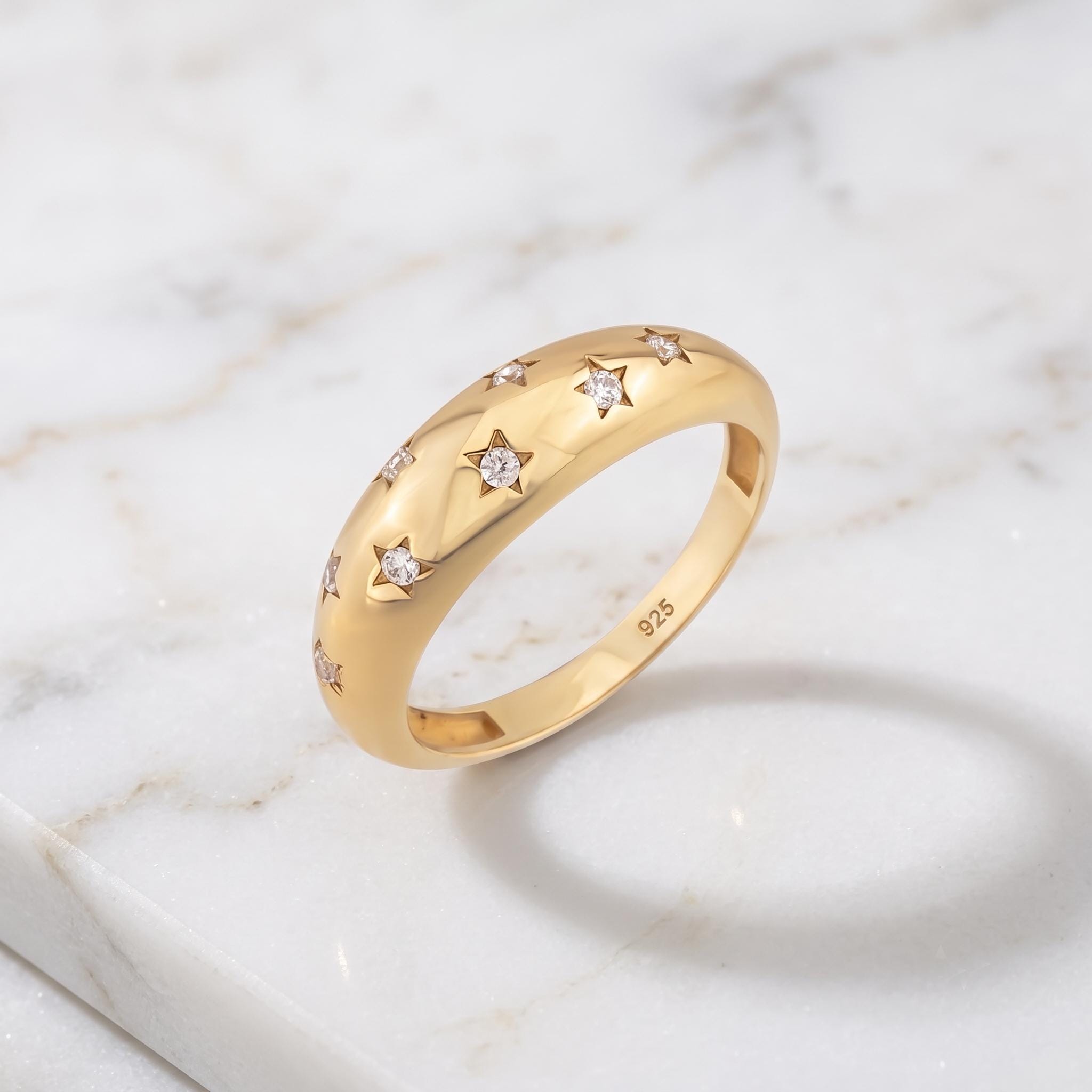 Gold Dome Ring, Celestial Star Engraved, 925 Sterling Silver, Cubic Zirconia Band