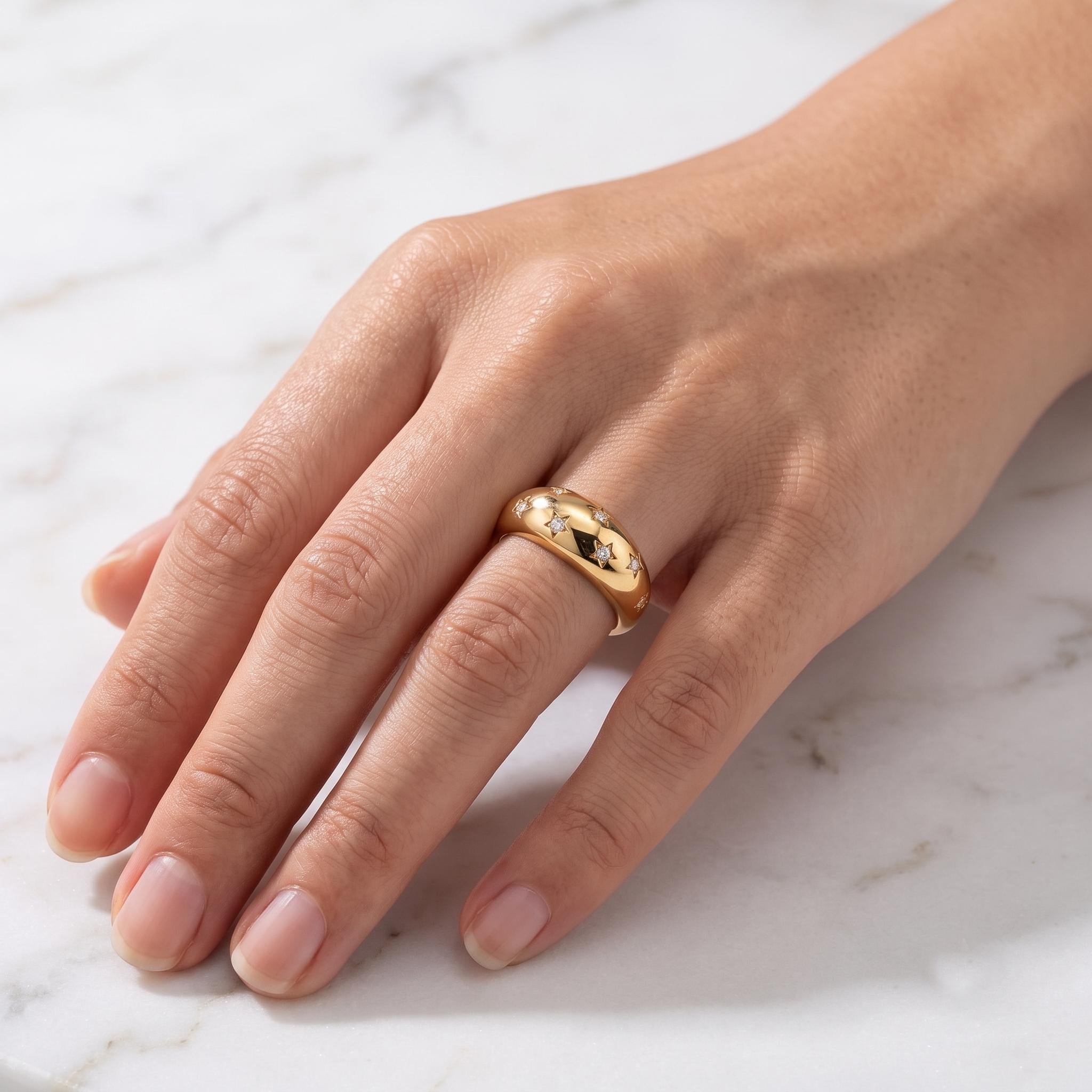 Gold Dome Ring, Celestial Star Engraved, 925 Sterling Silver, Cubic Zirconia Band