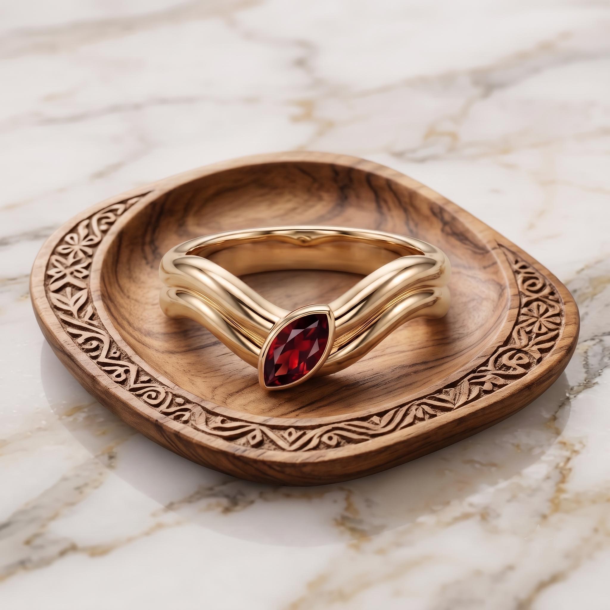 Marquise Garnet V-Shape Ring, Gold Plated Sterling Silver Chevron Band