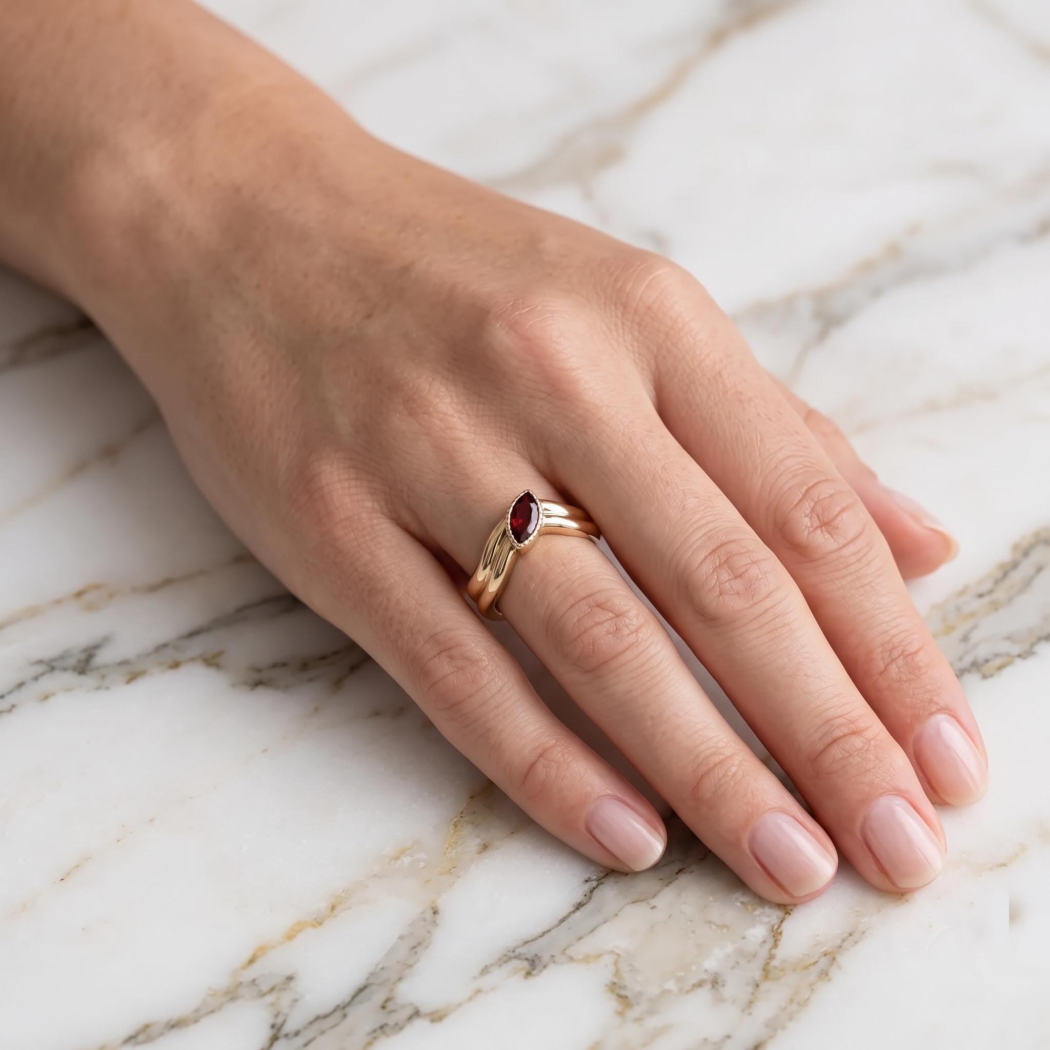 Marquise Garnet V-Shape Ring, Gold Plated Sterling Silver Chevron Band