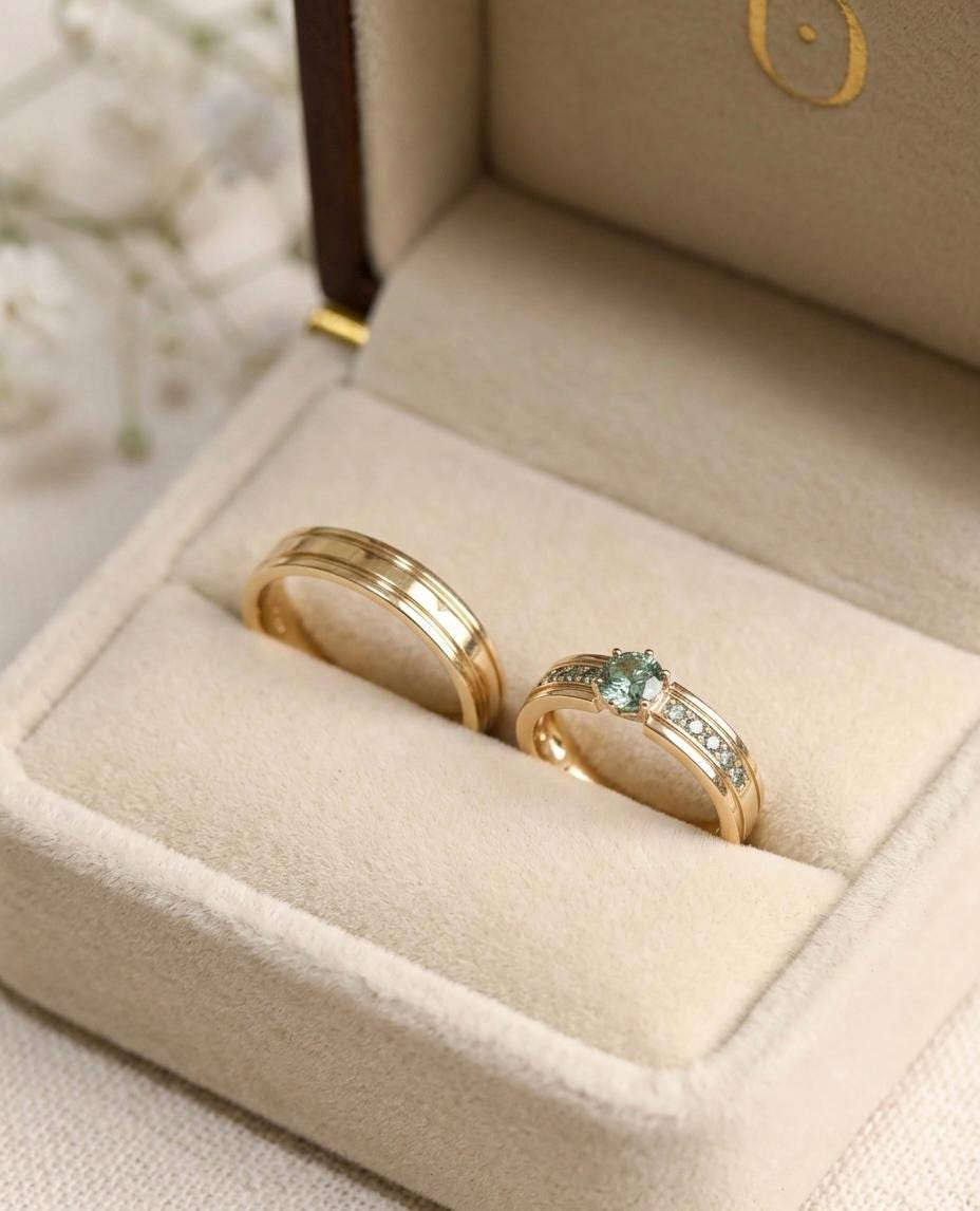 Natural Moss Agate Engagement Ring Set, Sterling Silver His and Hers Wedding Bands