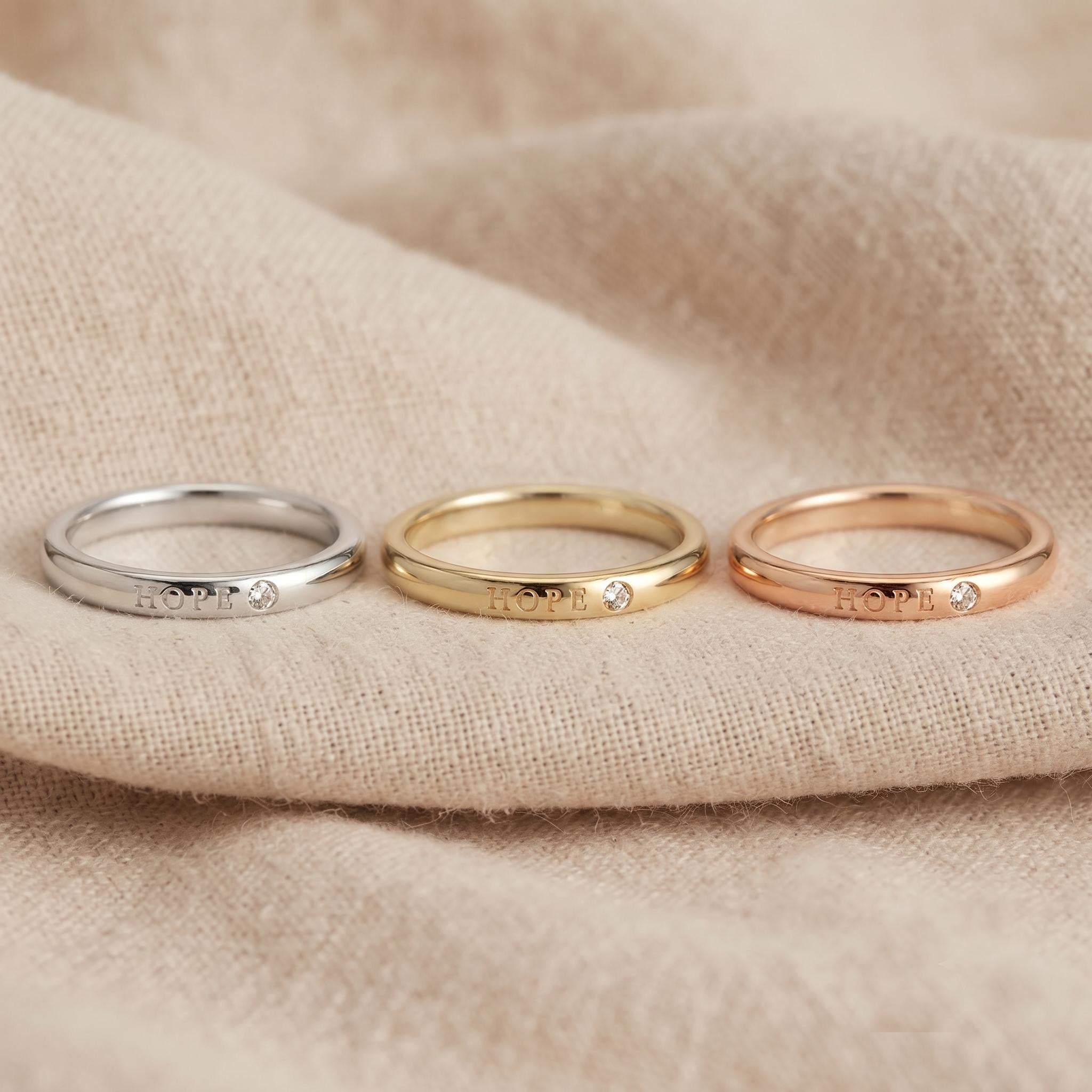 Gold HOPE Ring with Diamond, Meaningful Stacking Band, Symbolic Jewelry