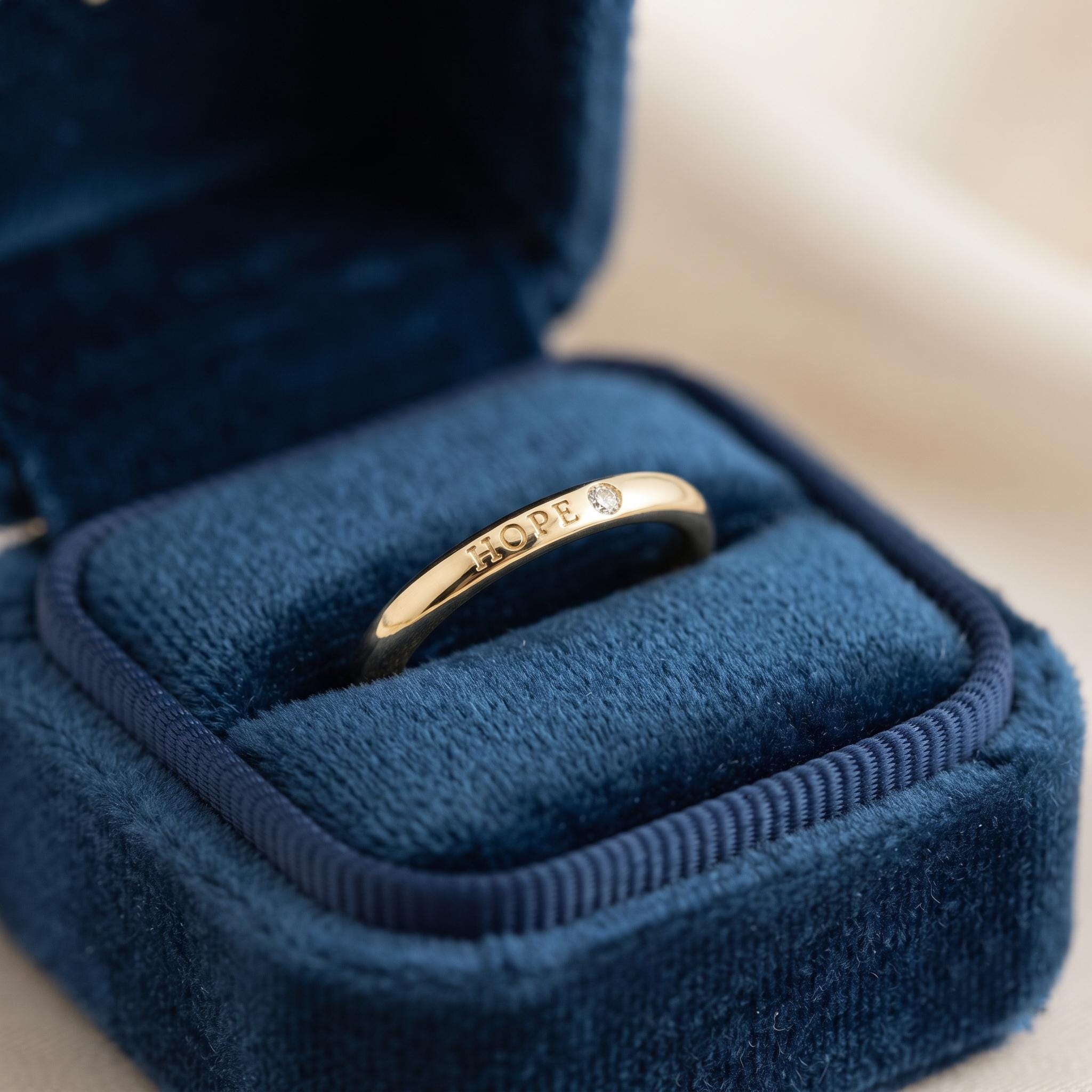 Gold HOPE Ring with Diamond, Meaningful Stacking Band, Symbolic Jewelry