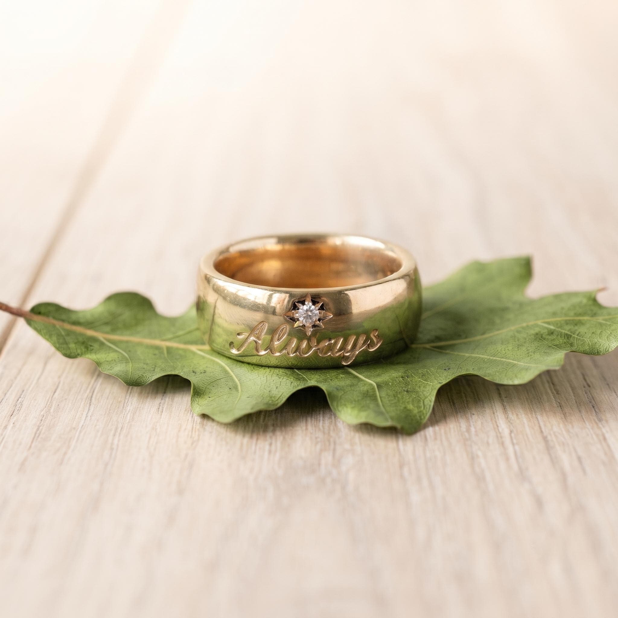 Custom Engraved Gold Band Ring with Star Diamond, Minimalist Stacking Ring