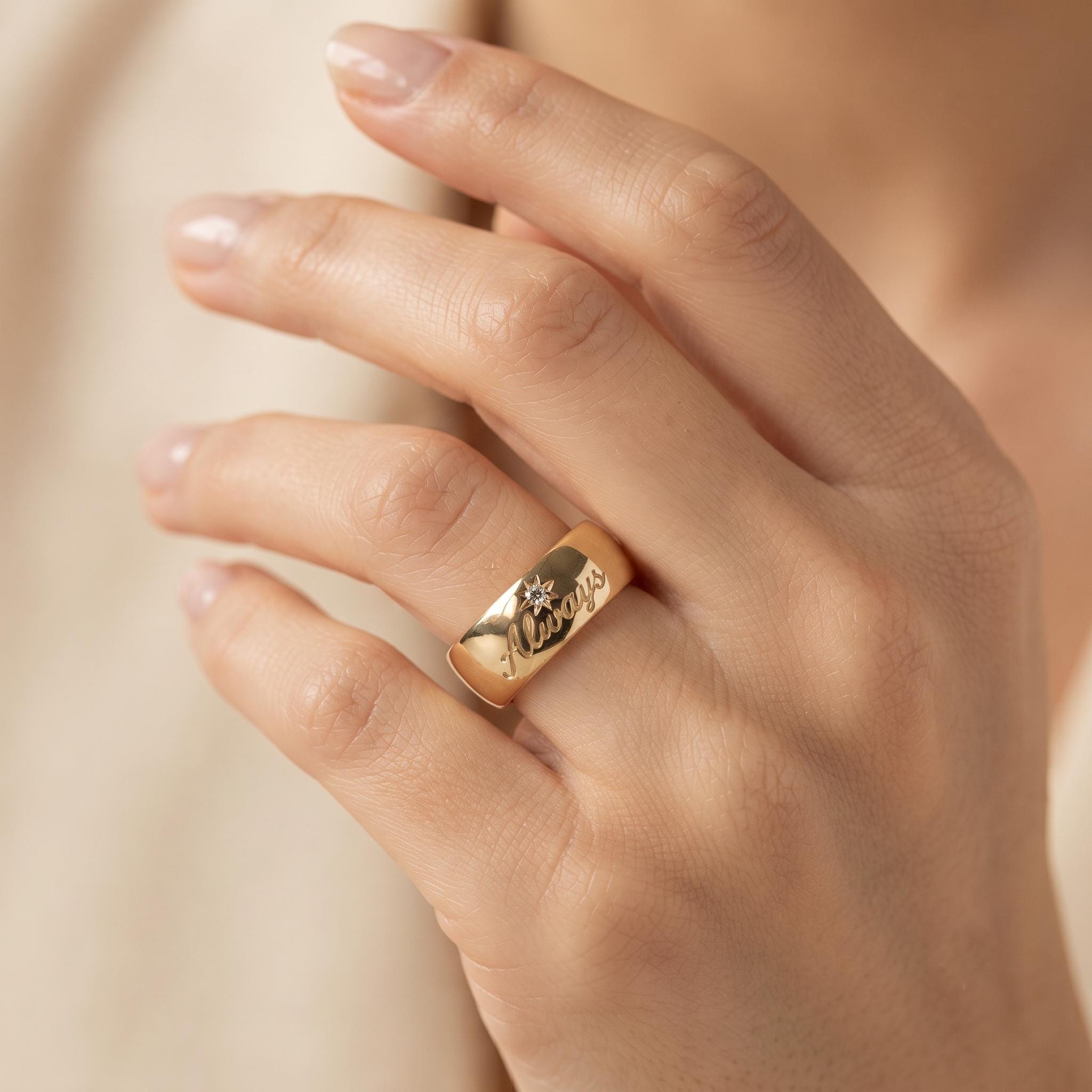 Custom Engraved Gold Band Ring with Star Diamond, Minimalist Stacking Ring