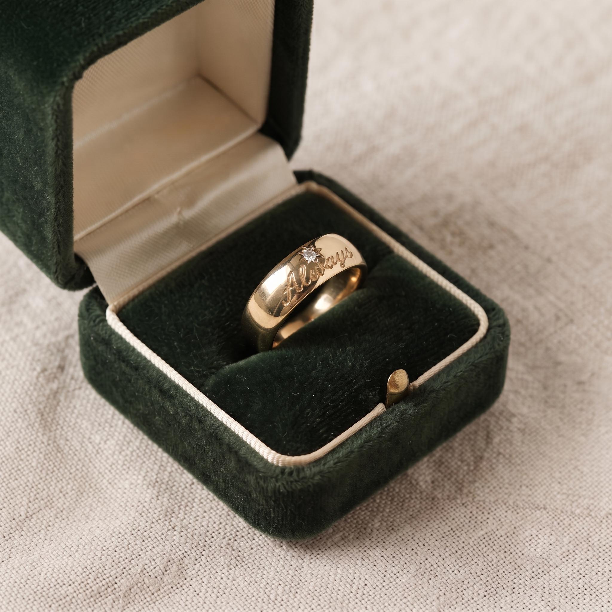 Custom Engraved Gold Band Ring with Star Diamond, Minimalist Stacking Ring