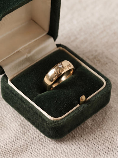 Custom Engraved Gold Band Ring with Star Diamond, Minimalist Stacking Ring