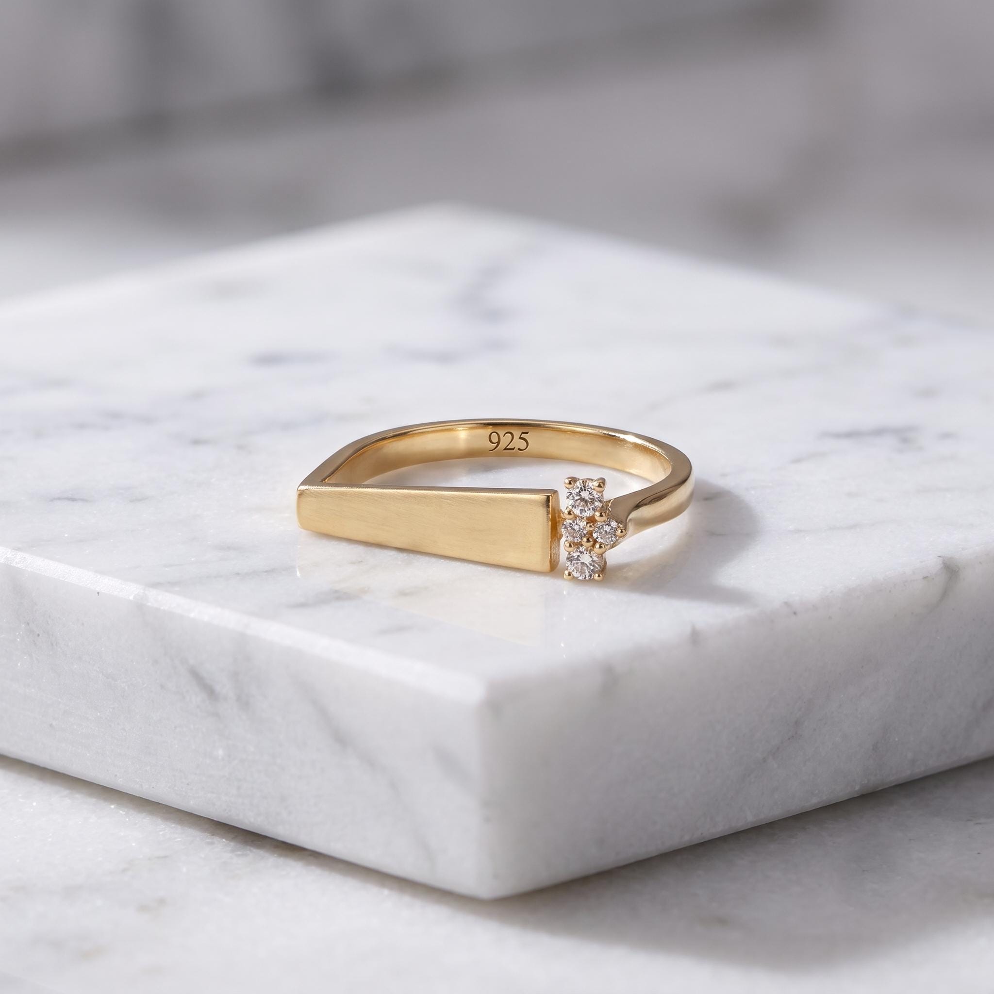 Gold Bar Ring, 925 Sterling Silver, Accent Stones, Geometric Stacking Band