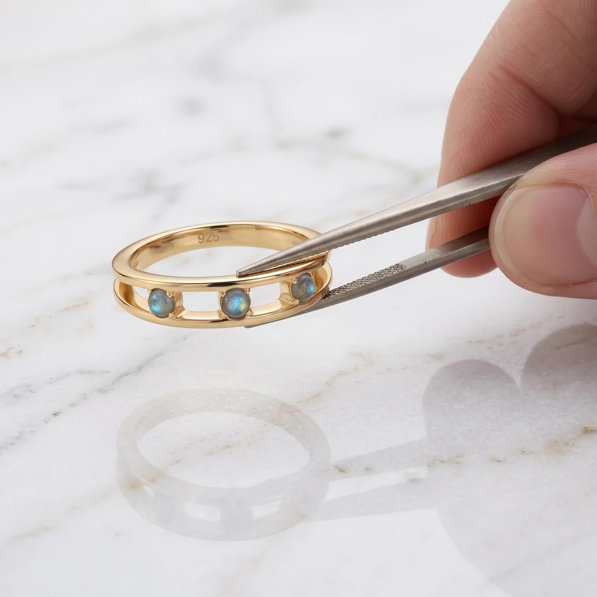 Dainty Three-Stone Open Band Ring – Minimalist Gold Trilogy Stacking Ring – Handmade Everyday Jewelry