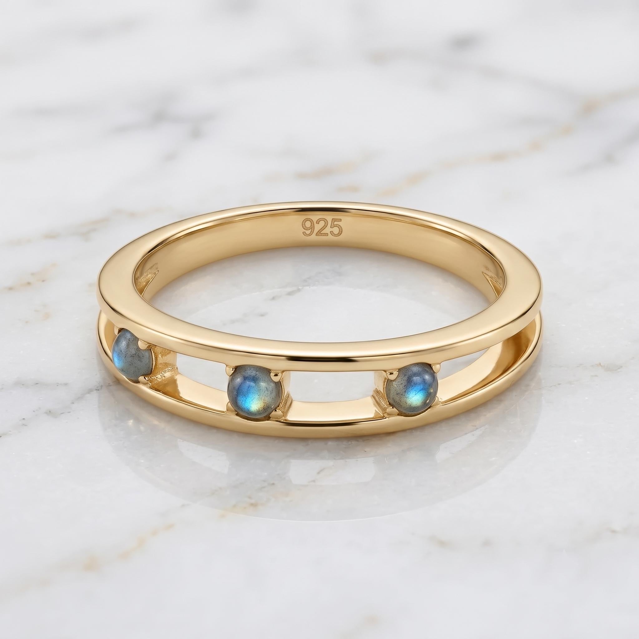 Dainty Three-Stone Open Band Ring – Minimalist Gold Trilogy Stacking Ring – Handmade Everyday Jewelry