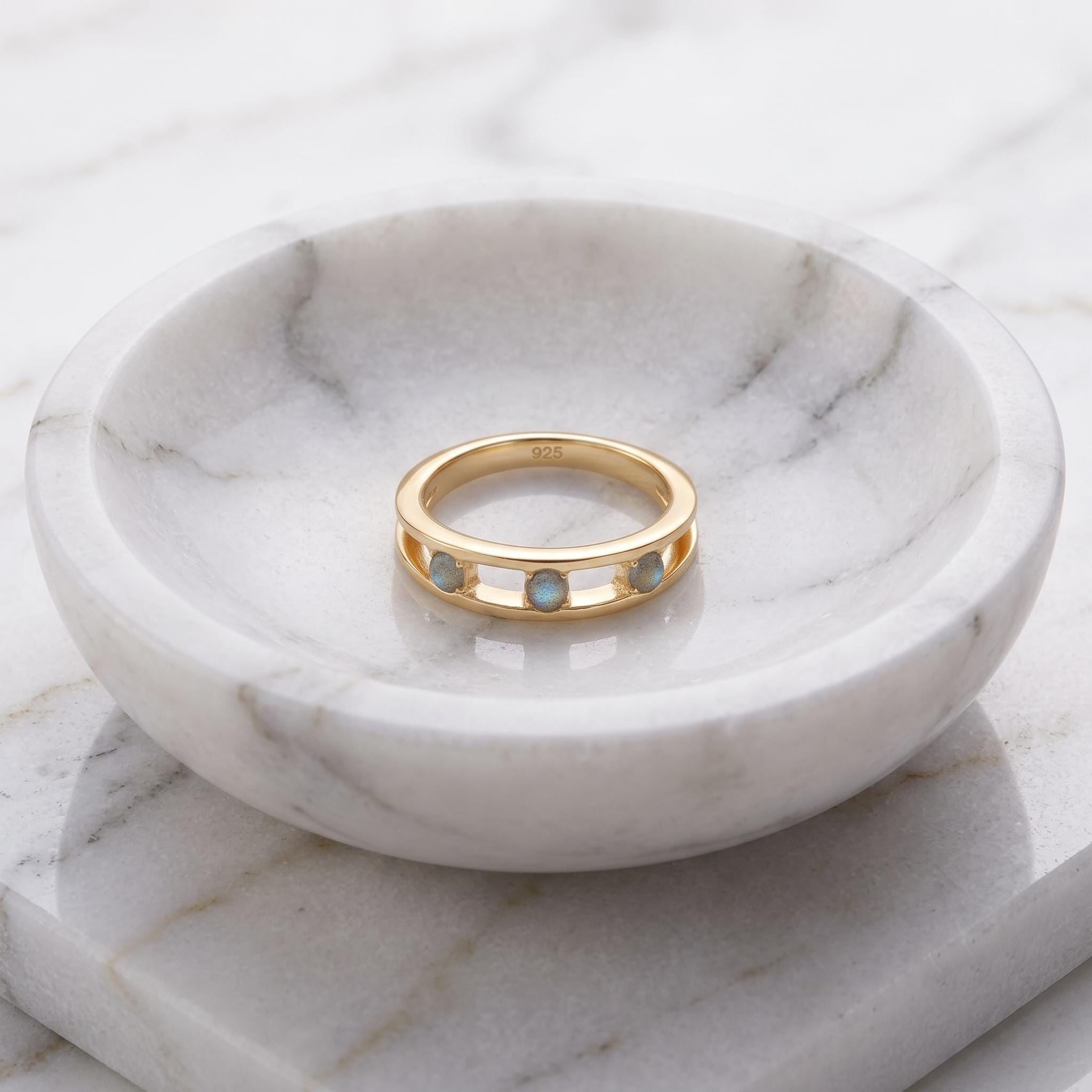 Dainty Three-Stone Open Band Ring – Minimalist Gold Trilogy Stacking Ring – Handmade Everyday Jewelry