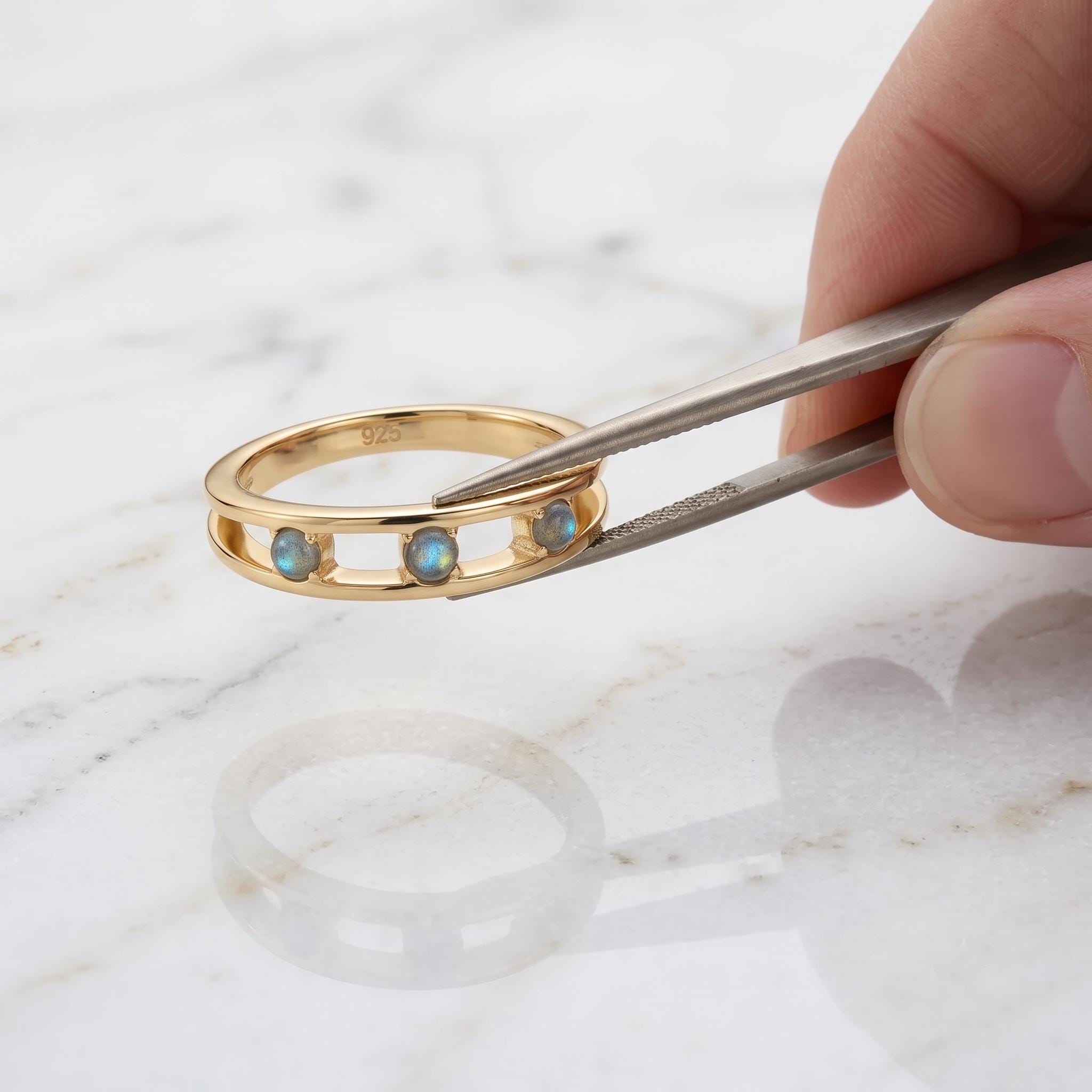 Dainty Three-Stone Open Band Ring – Minimalist Gold Trilogy Stacking Ring – Handmade Everyday Jewelry