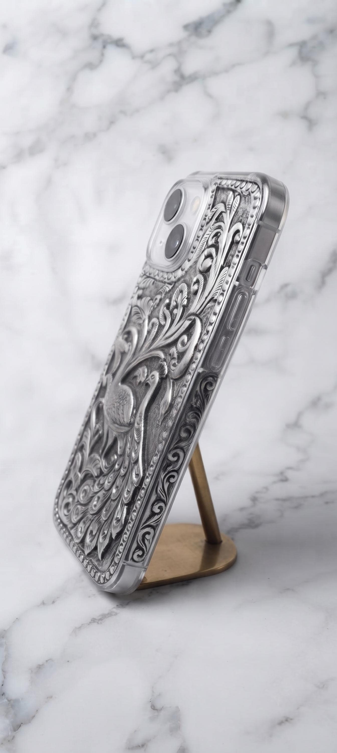 Antique Silver Peacock Phone Case | Embossed Artistic Smartphone Cover | Royal Indian Style