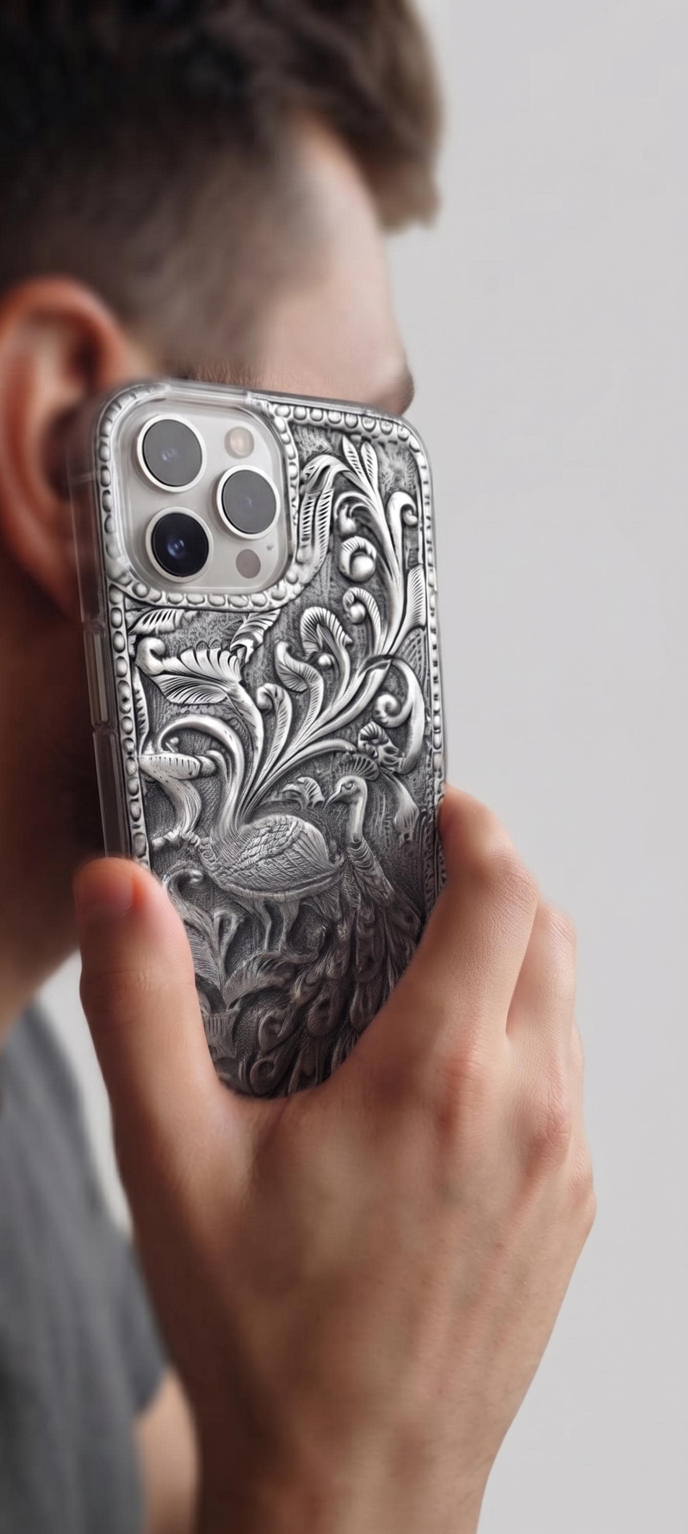 Antique Silver Peacock Phone Case | Embossed Artistic Smartphone Cover | Royal Indian Style