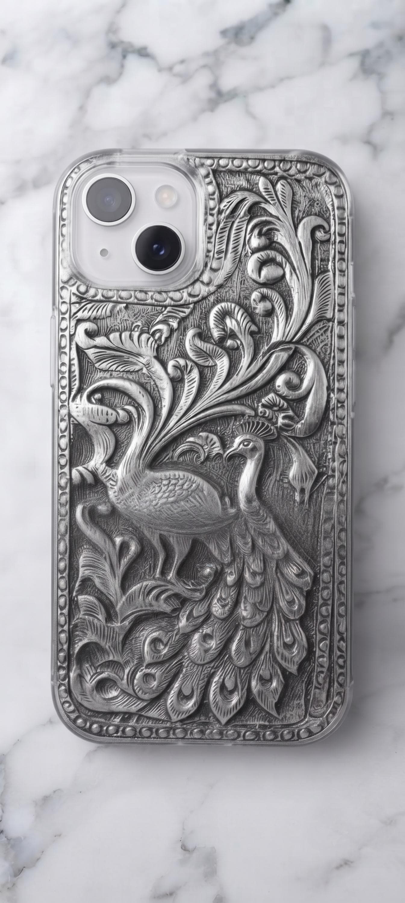 Antique Silver Peacock Phone Case | Embossed Artistic Smartphone Cover | Royal Indian Style