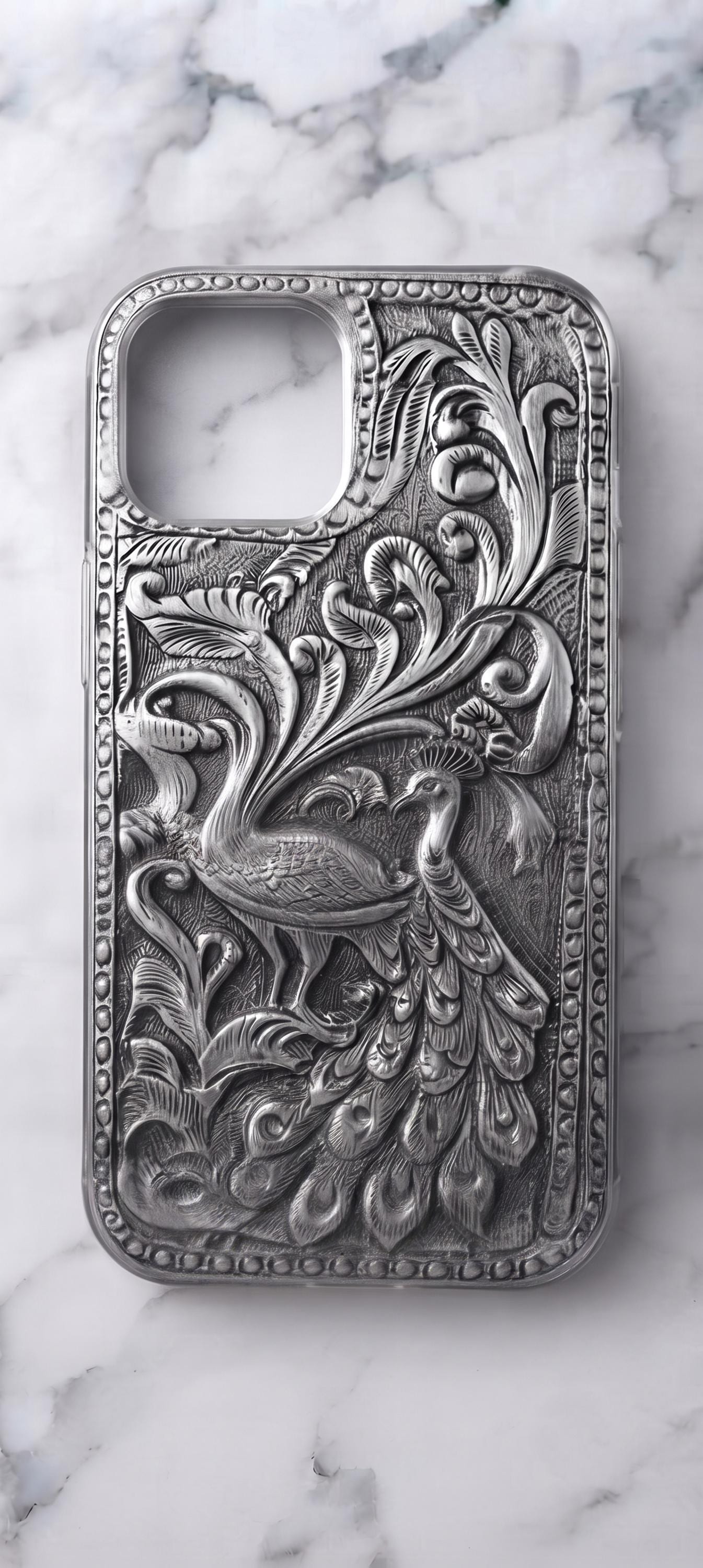 Antique Silver Peacock Phone Case | Embossed Artistic Smartphone Cover | Royal Indian Style