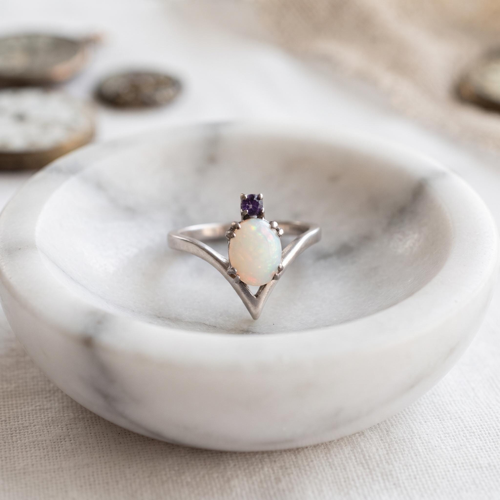 Natural Moonstone & Amethyst Ring, V-Shaped Band, 925 Sterling Silver, Handmade Statement Ring, Boho Jewelry Gift