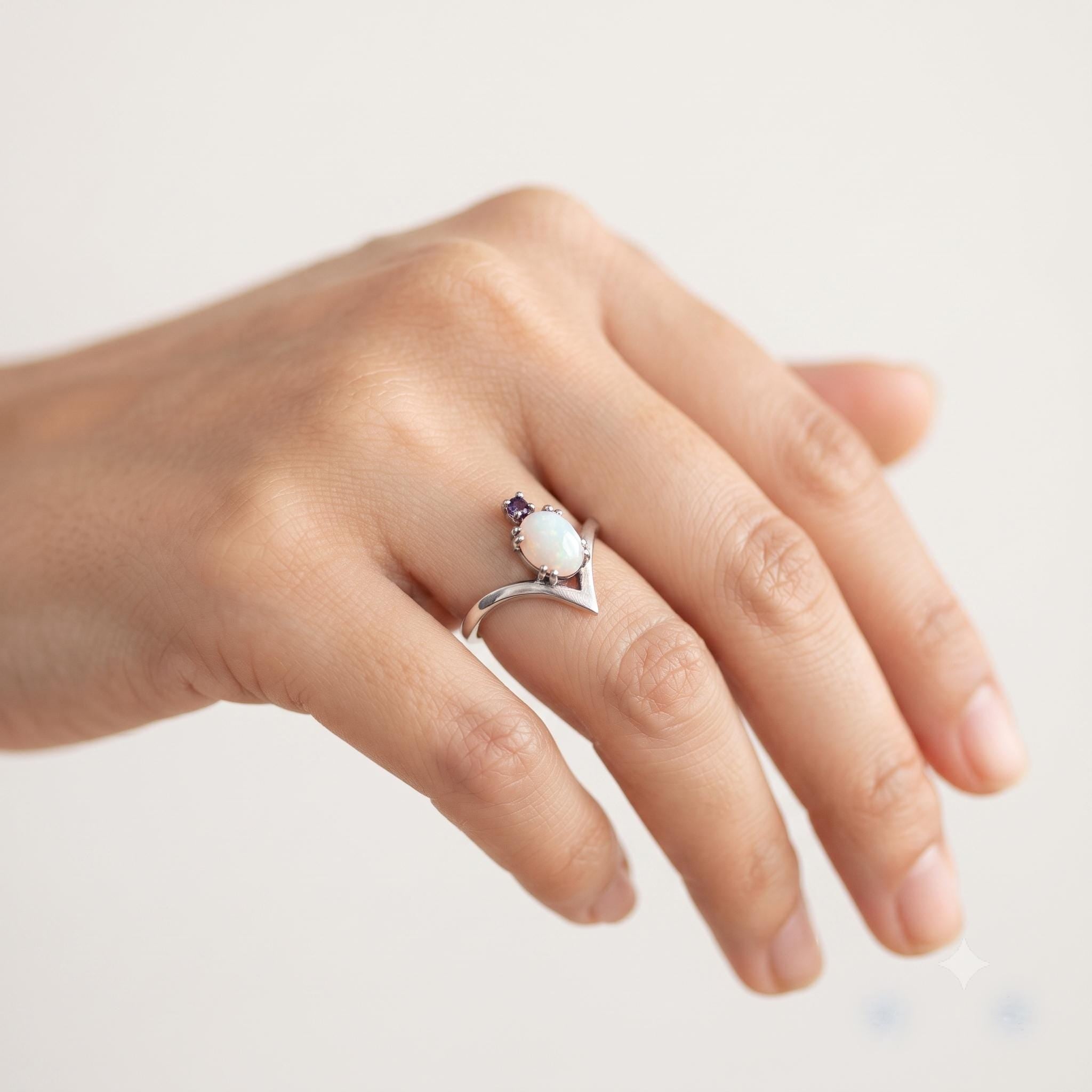 Natural Moonstone & Amethyst Ring, V-Shaped Band, 925 Sterling Silver, Handmade Statement Ring, Boho Jewelry Gift