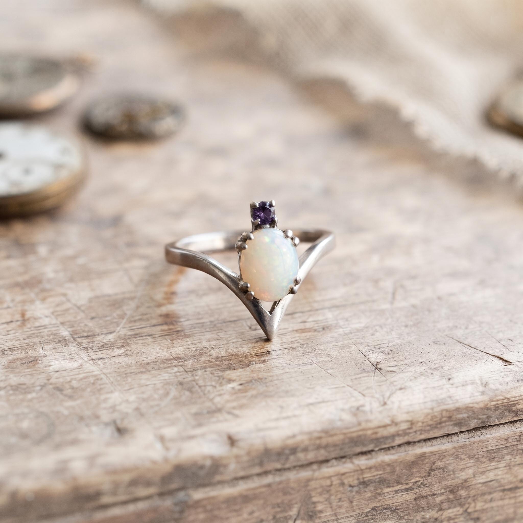 Natural Moonstone & Amethyst Ring, V-Shaped Band, 925 Sterling Silver, Handmade Statement Ring, Boho Jewelry Gift