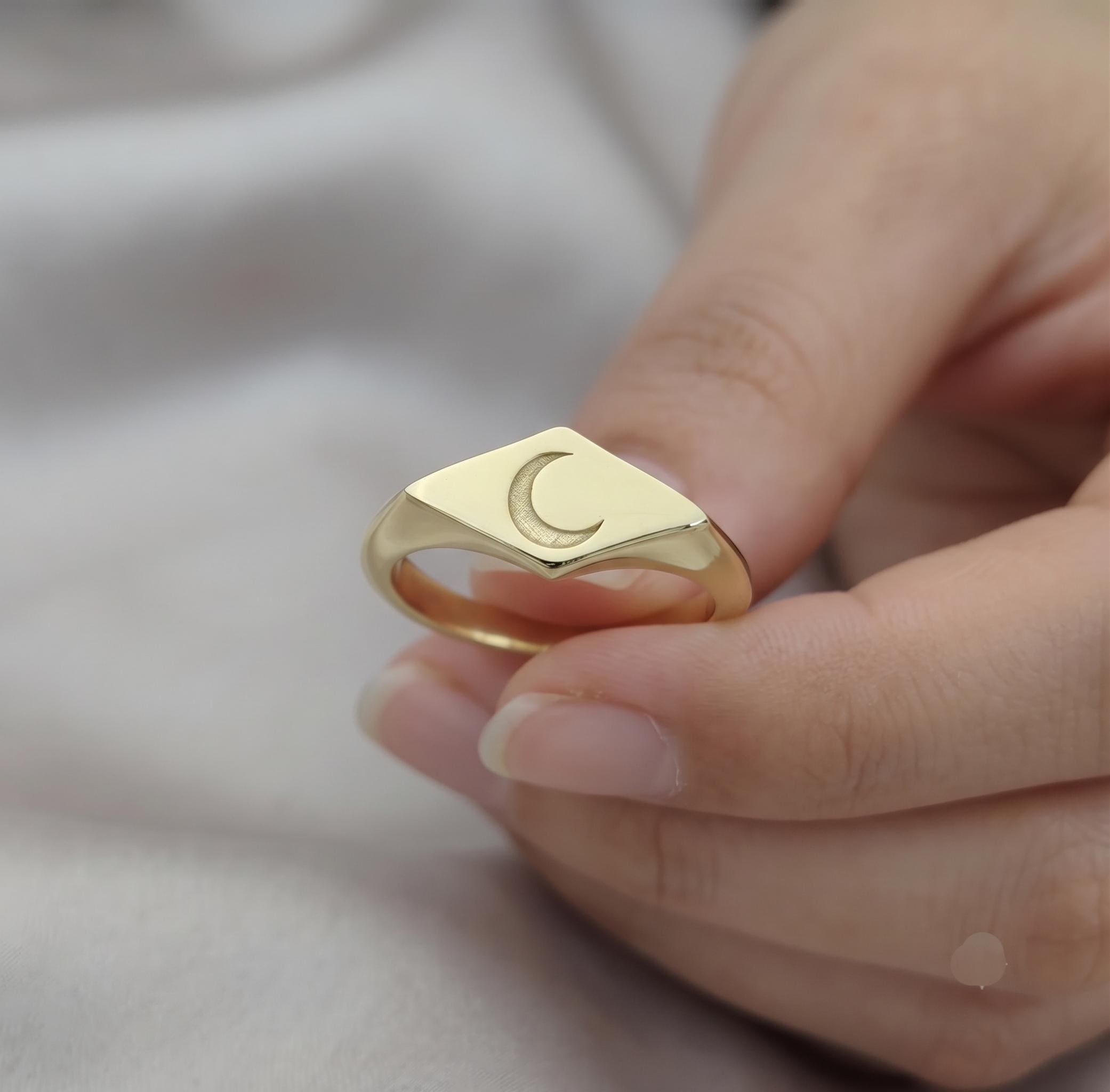 Minimalist Crescent Moon Signet Ring, Dainty Geometric Celestial Jewelry
