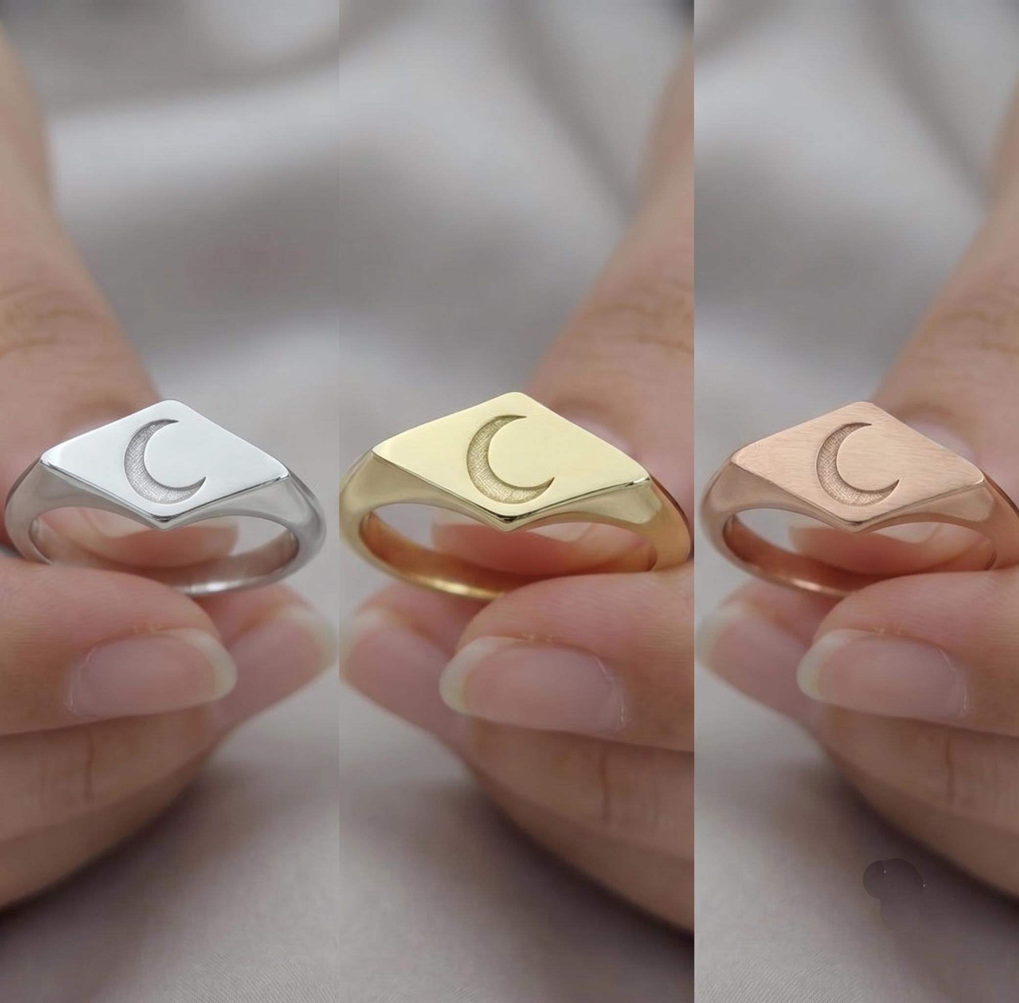 Minimalist Crescent Moon Signet Ring, Dainty Geometric Celestial Jewelry