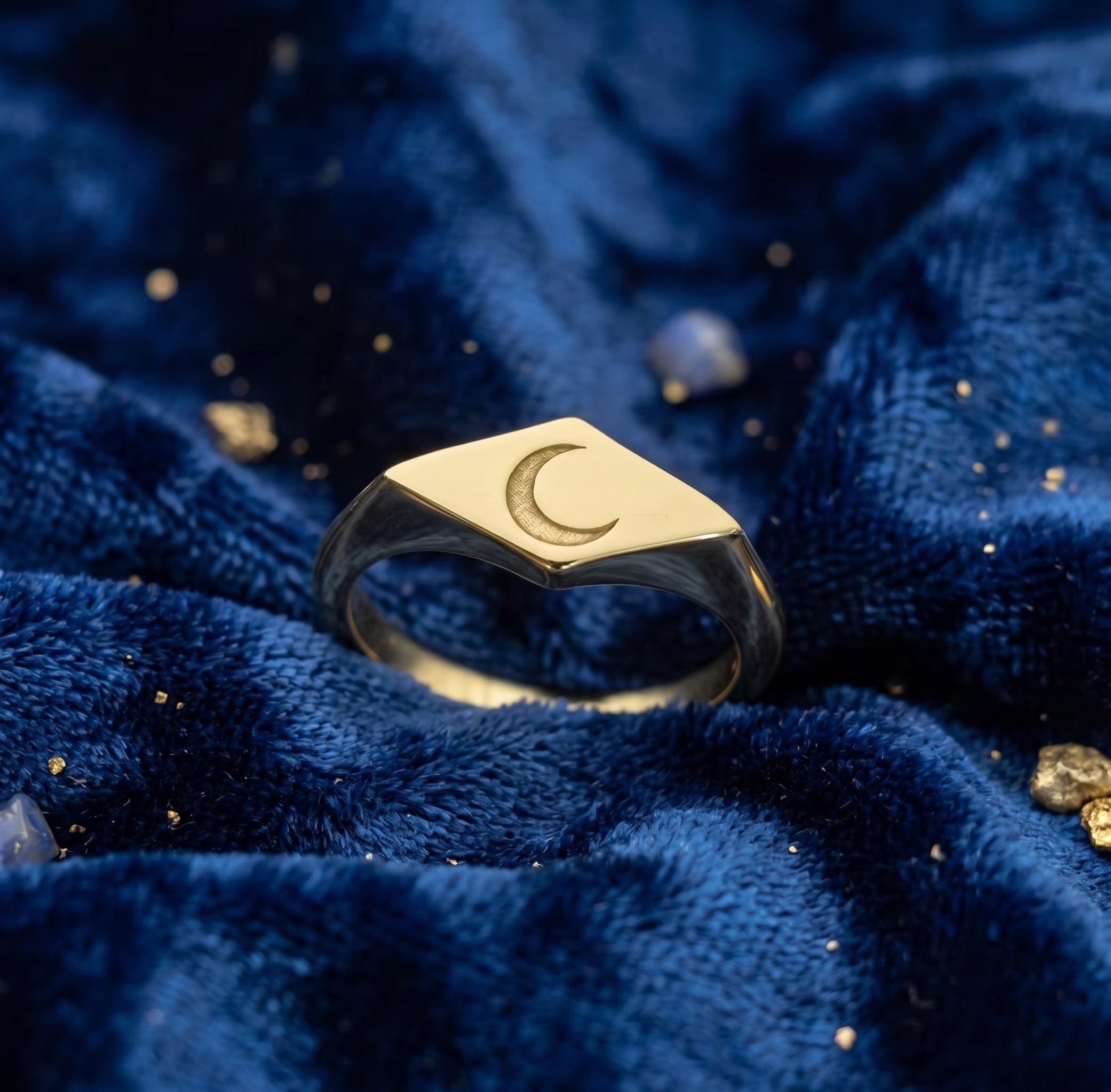 Minimalist Crescent Moon Signet Ring, Dainty Geometric Celestial Jewelry