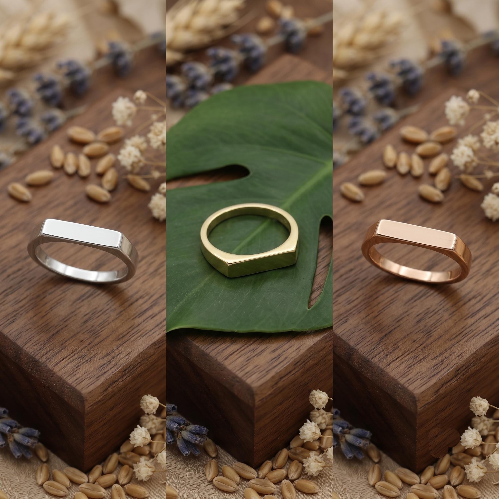 Solid Gold Bar Signet Ring, Minimalist Flat Top Band, Daily Wear Jewelry