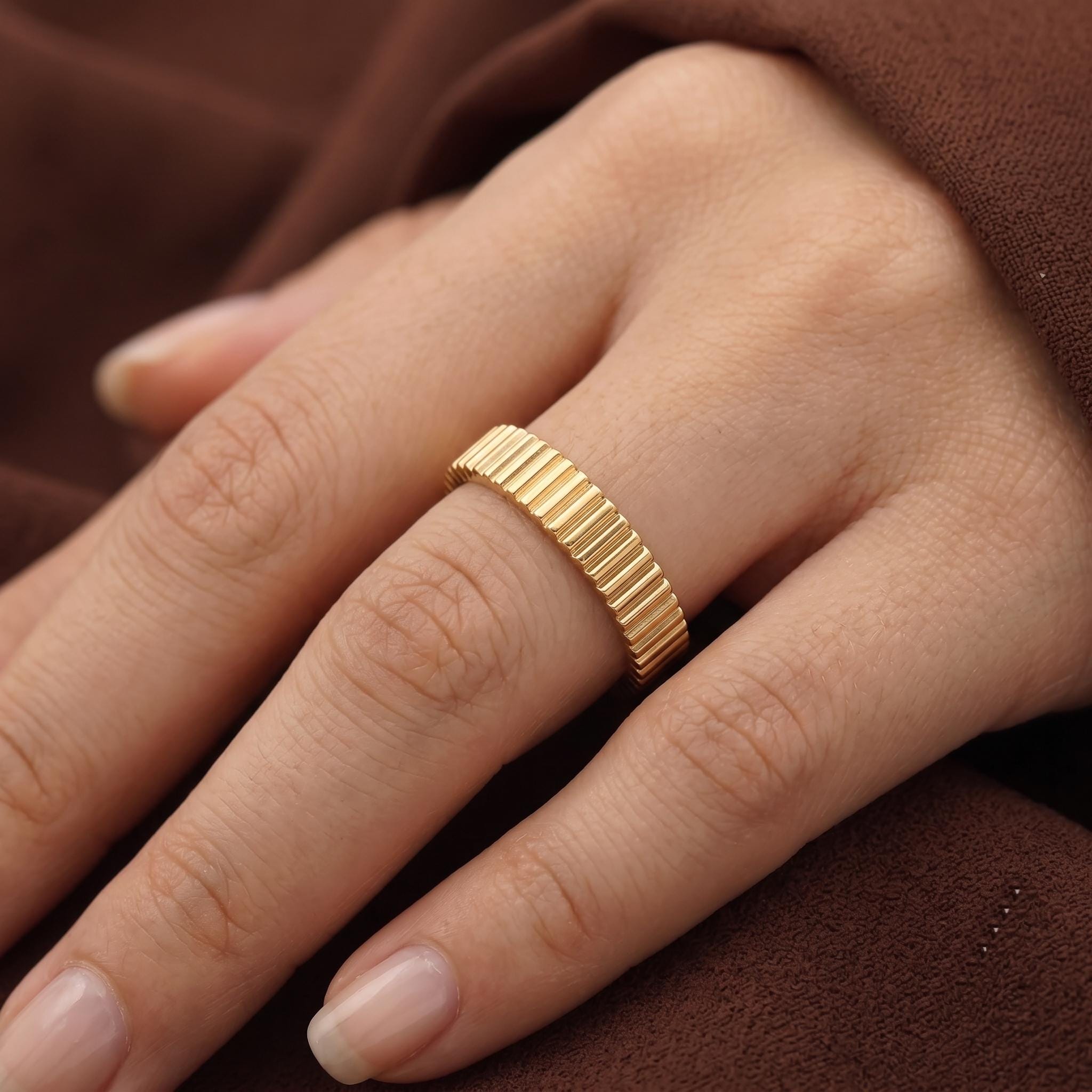 Stackable Gold Band, Modern Textured Ring, Architectural Statement Ring, Minimalist Daily Wear Jewelry