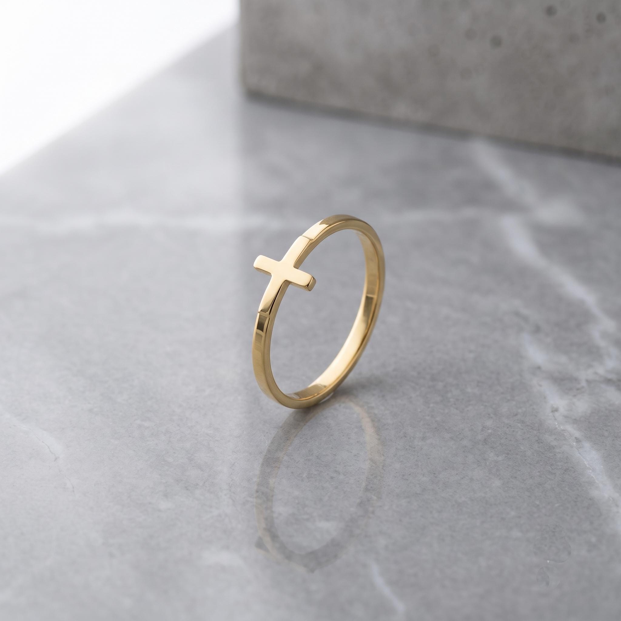 Dainty Gold Sideways Cross Ring | Minimalist Stackable Faith Jewelry