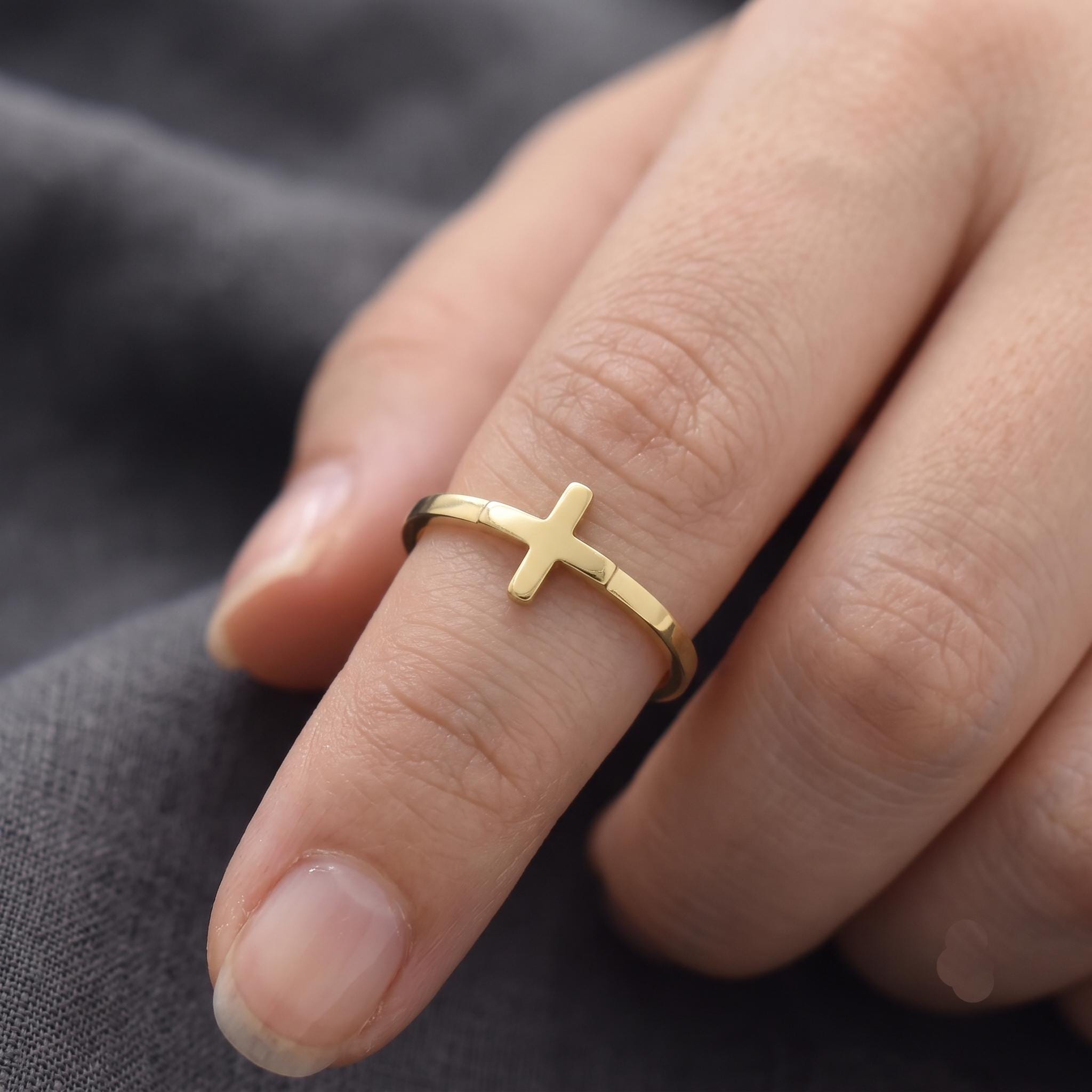 Dainty Gold Sideways Cross Ring | Minimalist Stackable Faith Jewelry