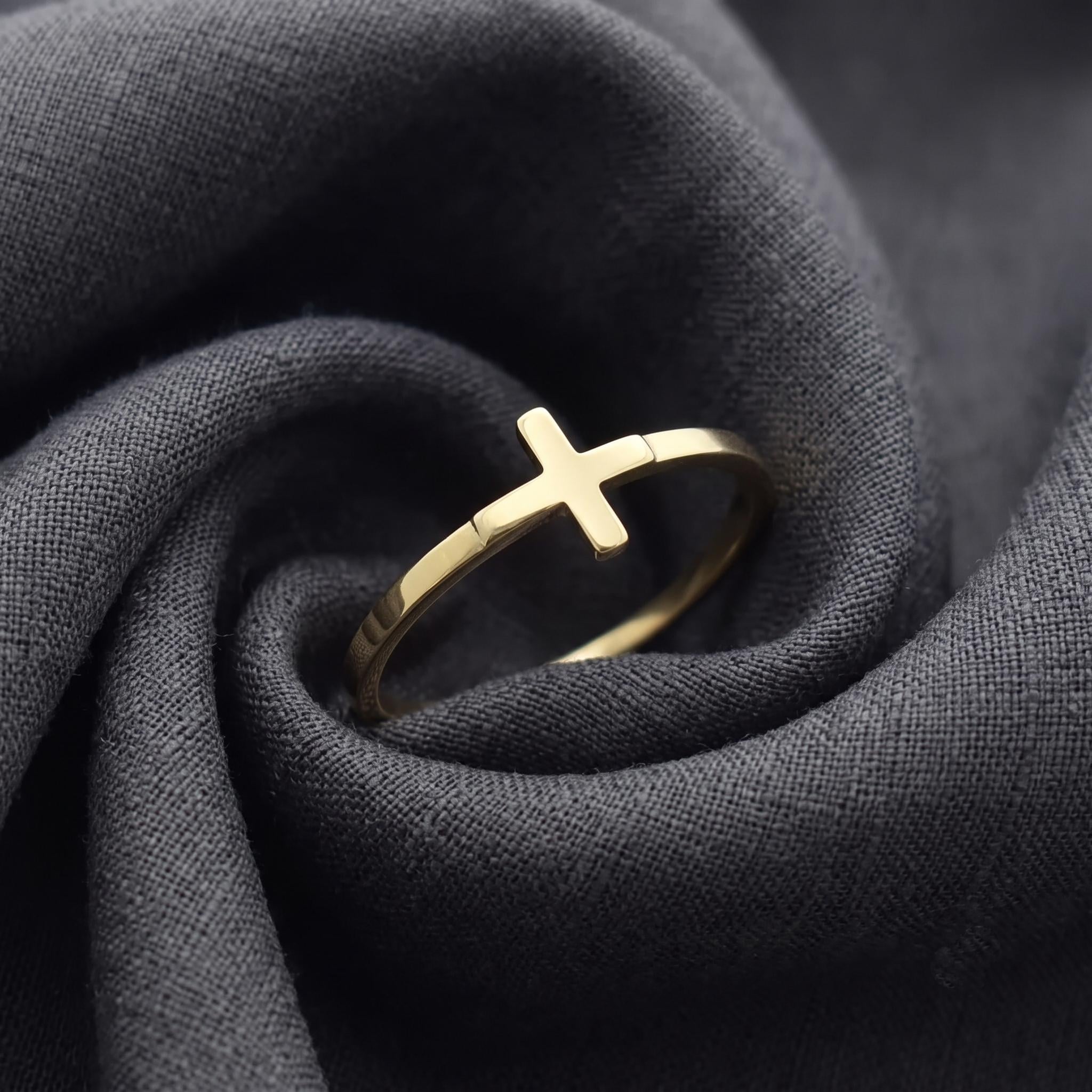 Dainty Gold Sideways Cross Ring | Minimalist Stackable Faith Jewelry
