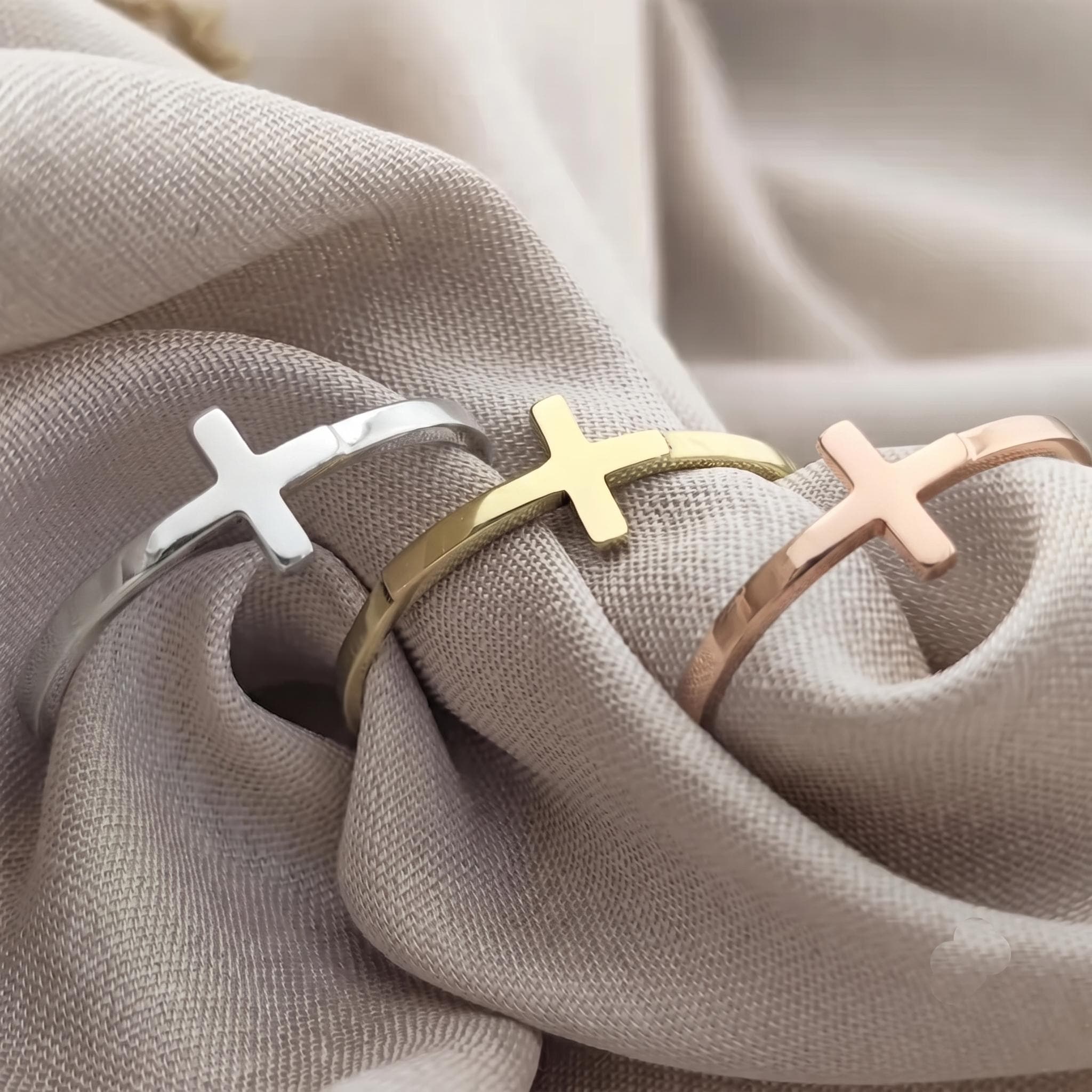 Dainty Gold Sideways Cross Ring | Minimalist Stackable Faith Jewelry