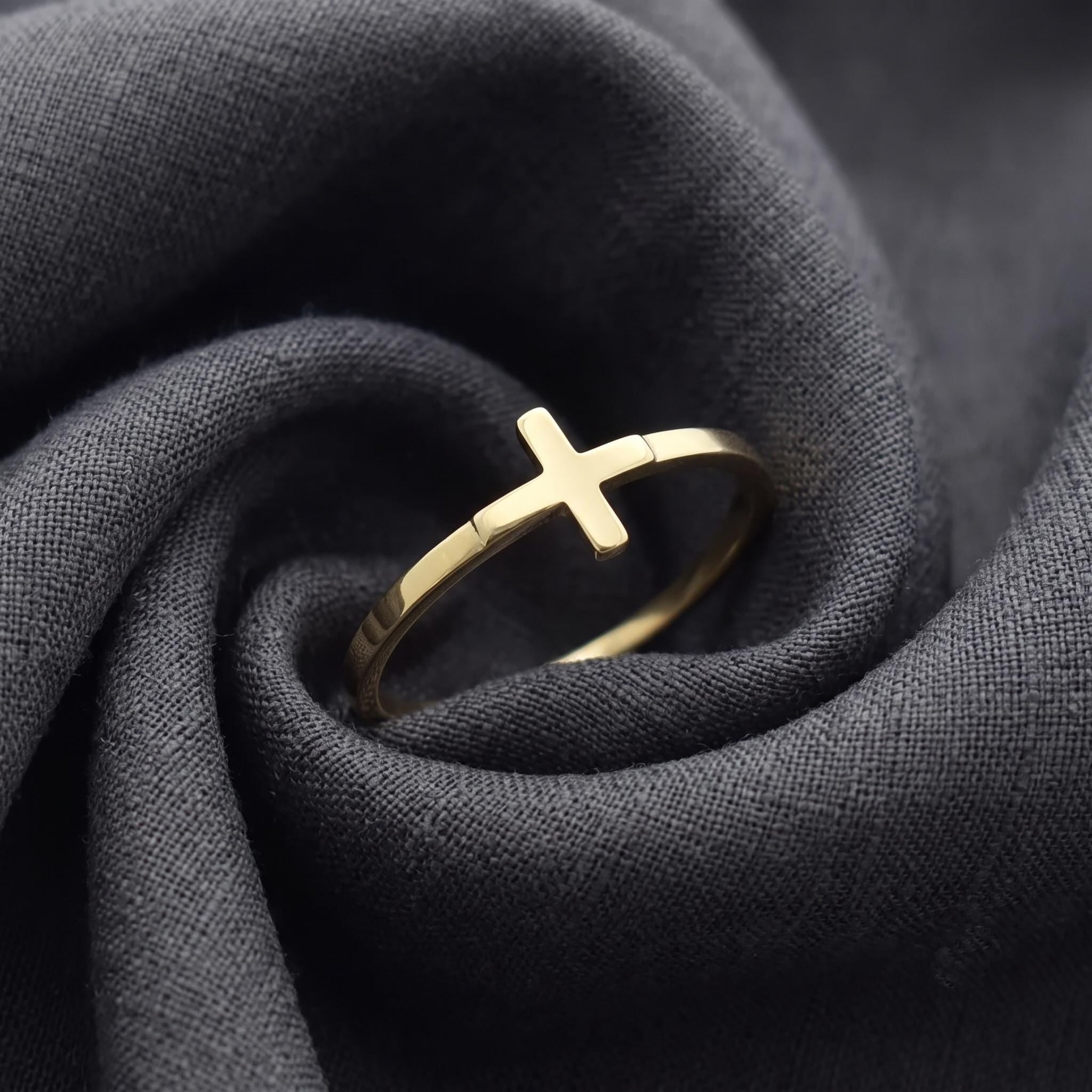Dainty Gold Sideways Cross Ring | Minimalist Stackable Faith Jewelry